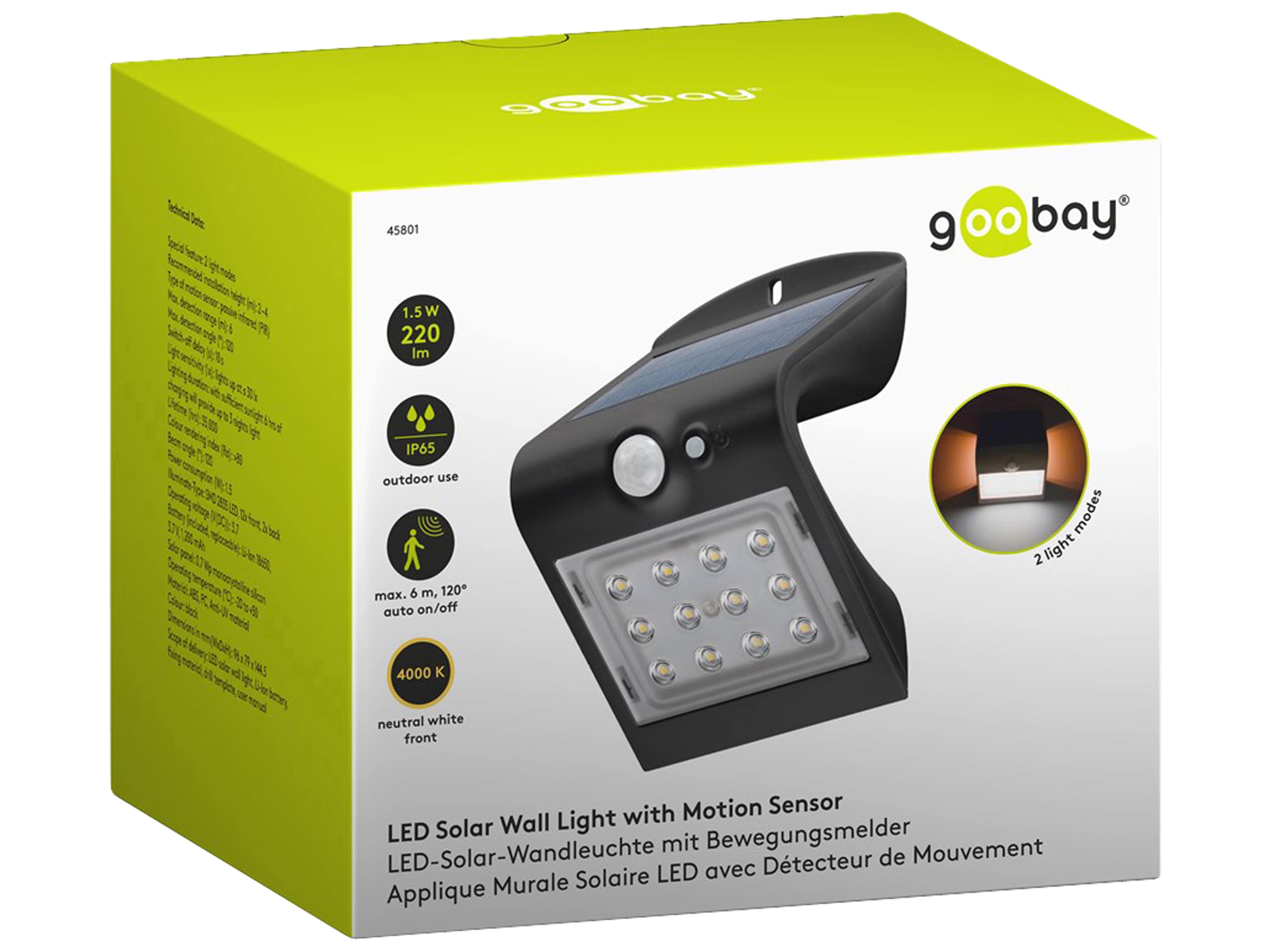 GOOBAY Solar LED-Wandleuchte mit Bewegungsmelder, 1,5W, schwarz