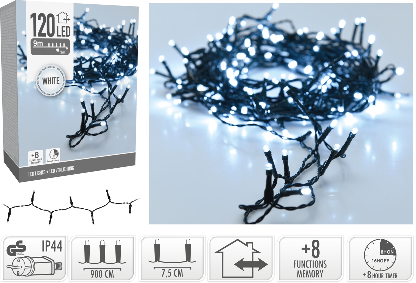 KOOPMAN LED-Lichterkette kaltweiß, 120 LEDs, Grünes Kabel, Innen/Außen, 12m