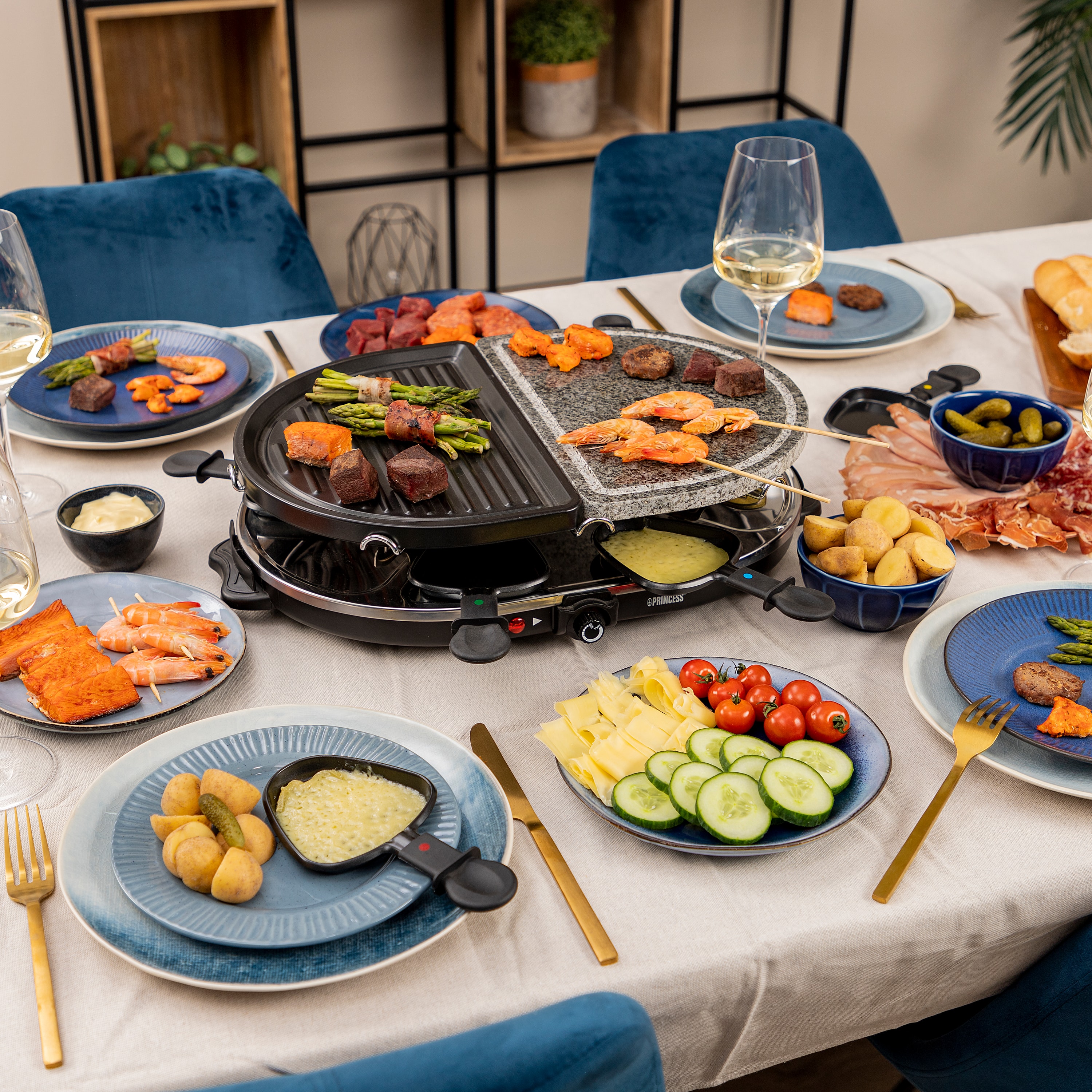 PRINCESS Raclette 8 Oval Stone u. Grill, 1200 W, 8 Personen, 43x30 cm