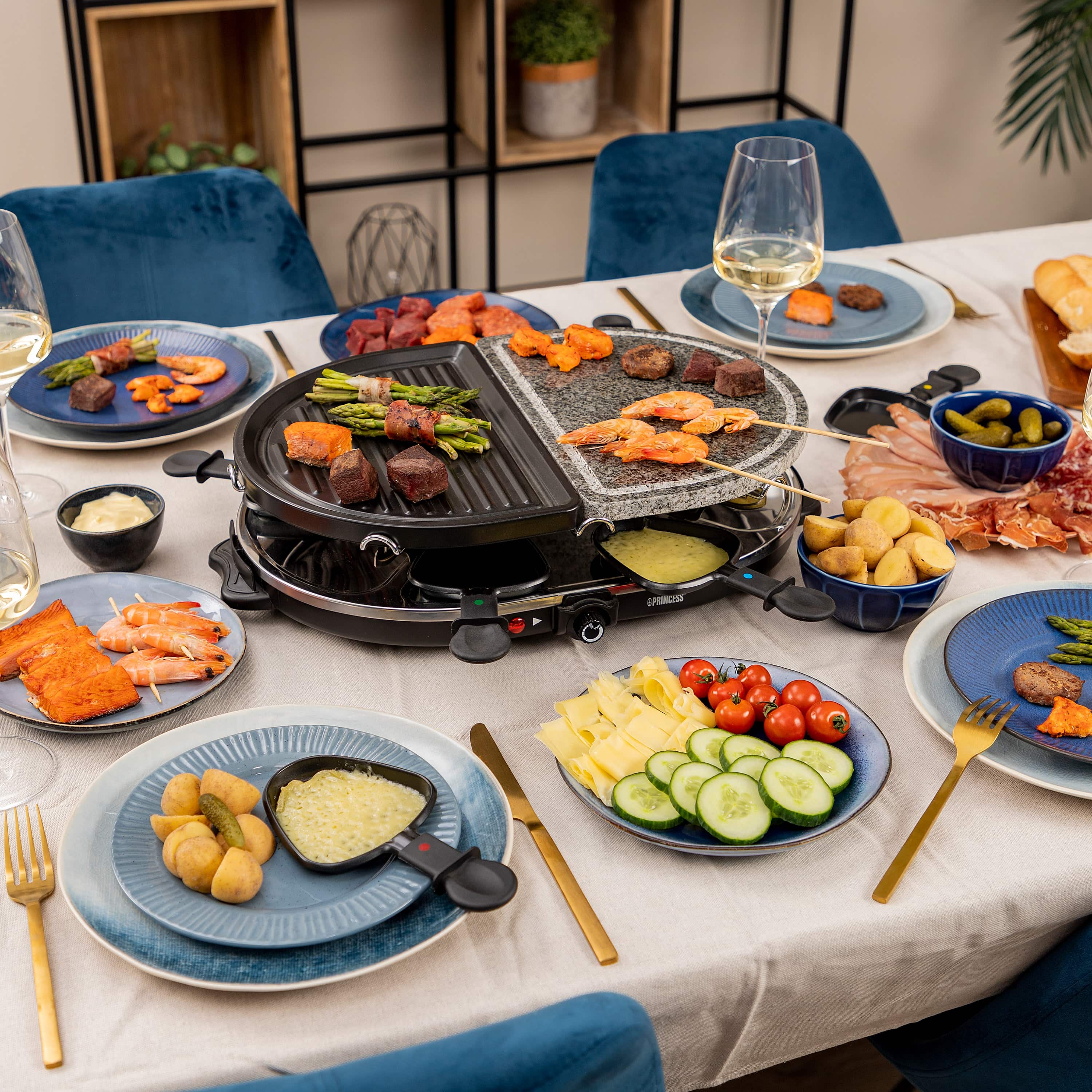 PRINCESS Raclette 8 Oval Stone u. Grill, 1200 W, 8 Personen, 43x30 cm