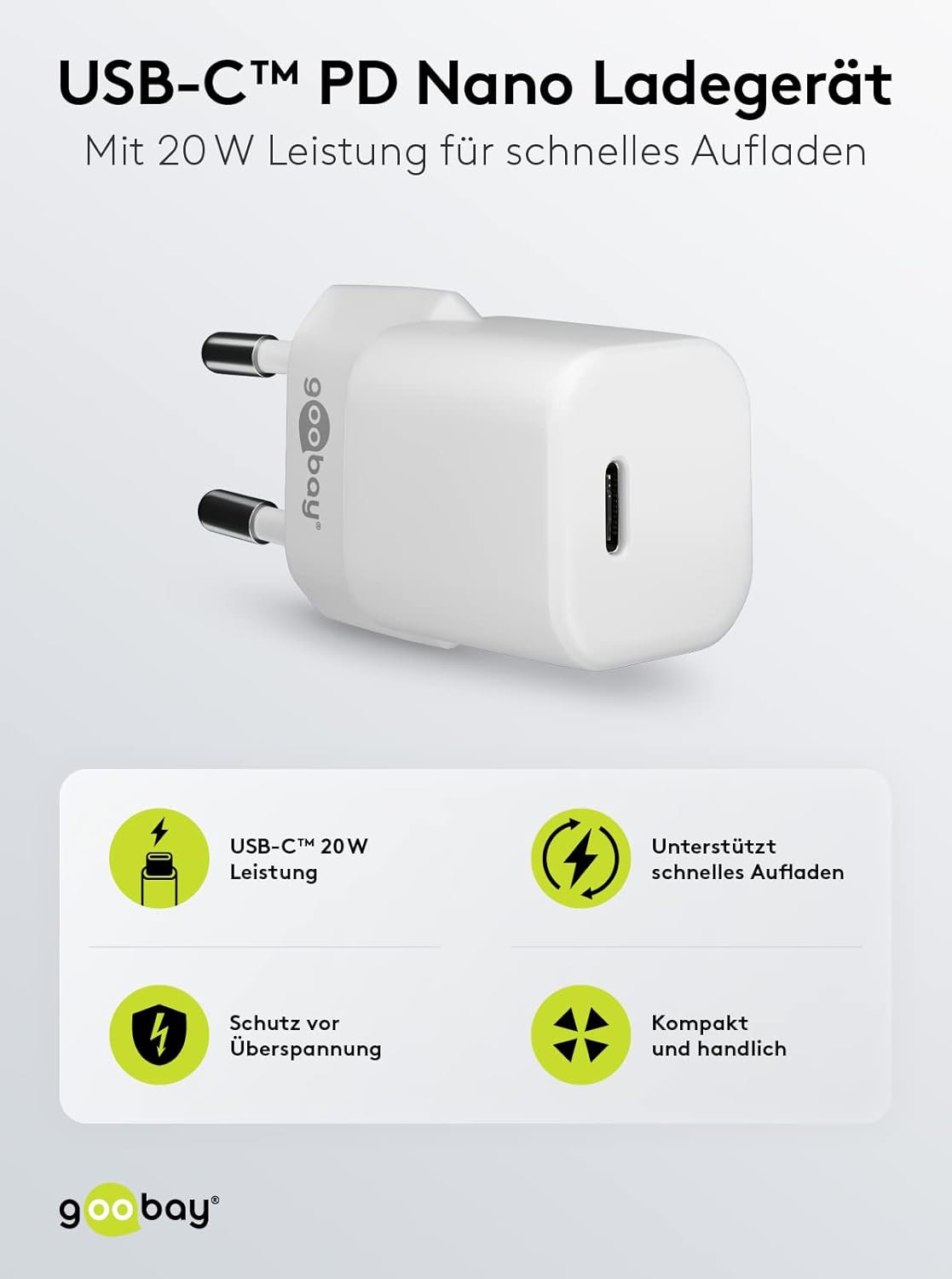 GOOBAY USB-Lader 65404, 20 W, 1-fach, 1xC PD nano GaN, weiß