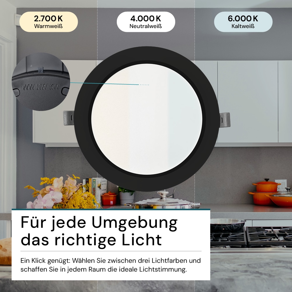 LUXULA LED-Einbauleuchte, 12W, EEK: F, 1200lm, CCT, IP44, schwarz