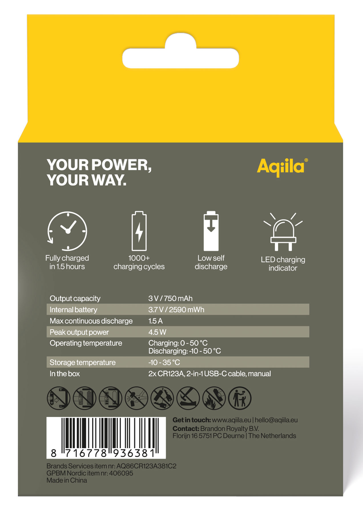 Li-lon-Akku AQILLA, CR123A, USB-C, 3 V, 2er Pack