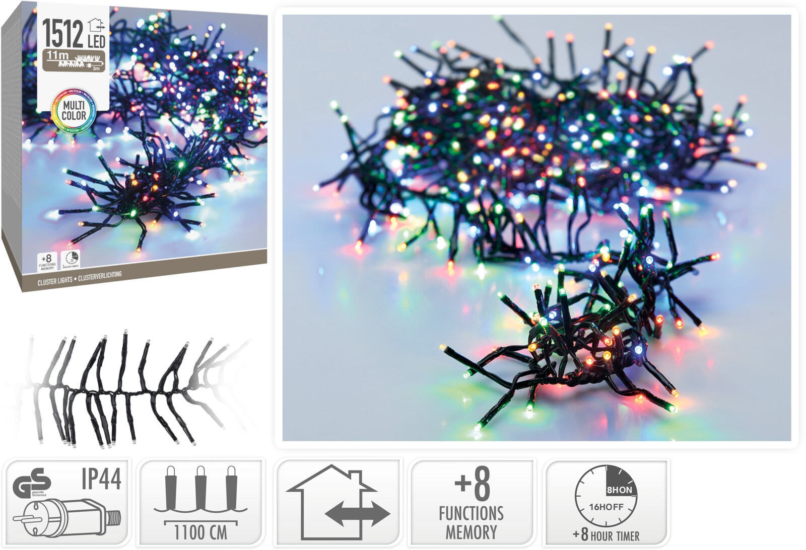 KOOPMAN LED-Clusterlichterkette Büschel bunt, 1512 LEDs, schwarzes Kabel, Innen/Außen, 14m