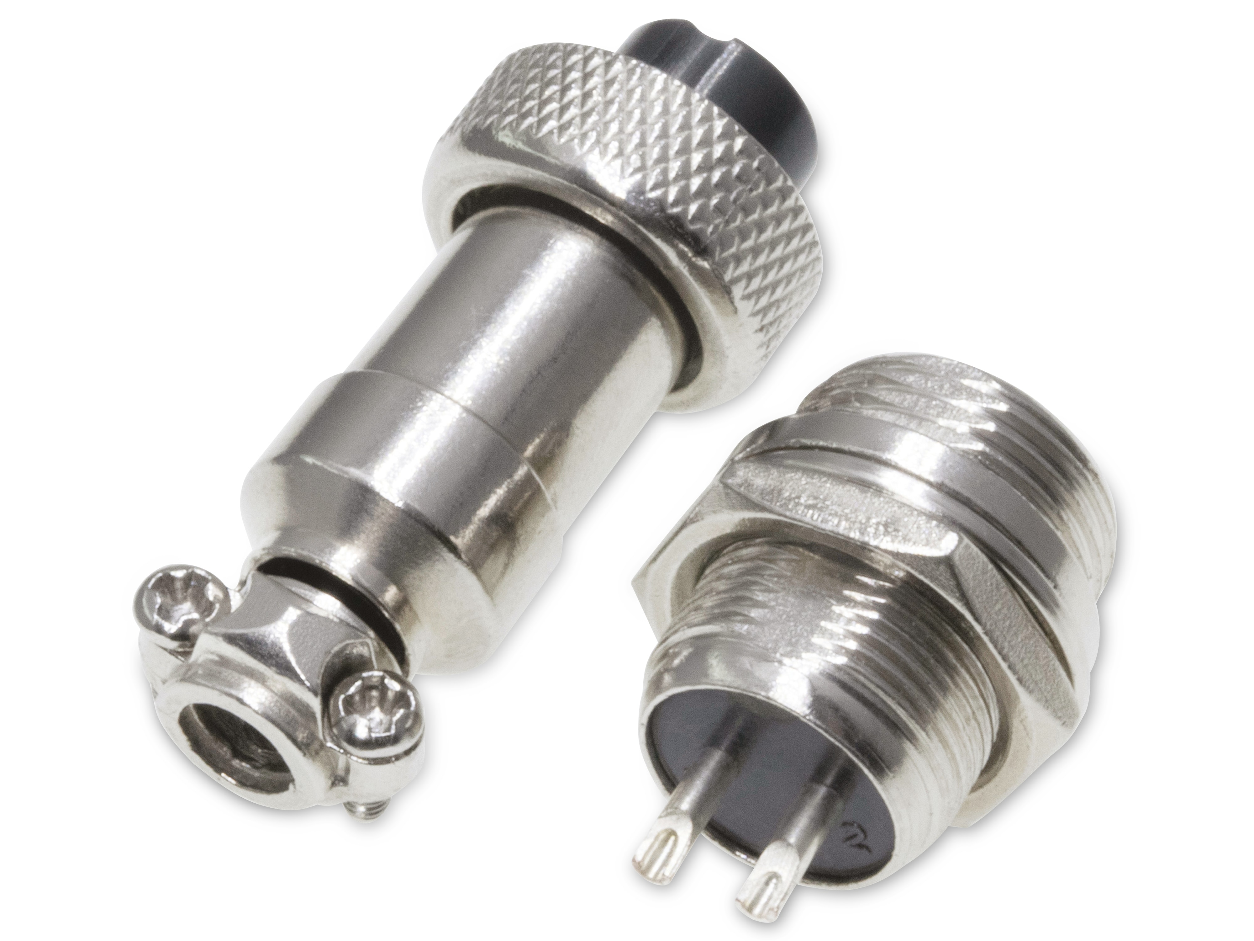 Rundsteckverbinder, 2-polig, 250V, 4A, Lötanschluss, IP55, wire to panel, 1 Stecker + 1 Buchse