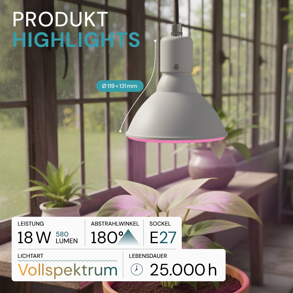 LUXULA LED-Pflanzenlampe, E27, 18W, 1200K, 580lm, warmweiß, IP20