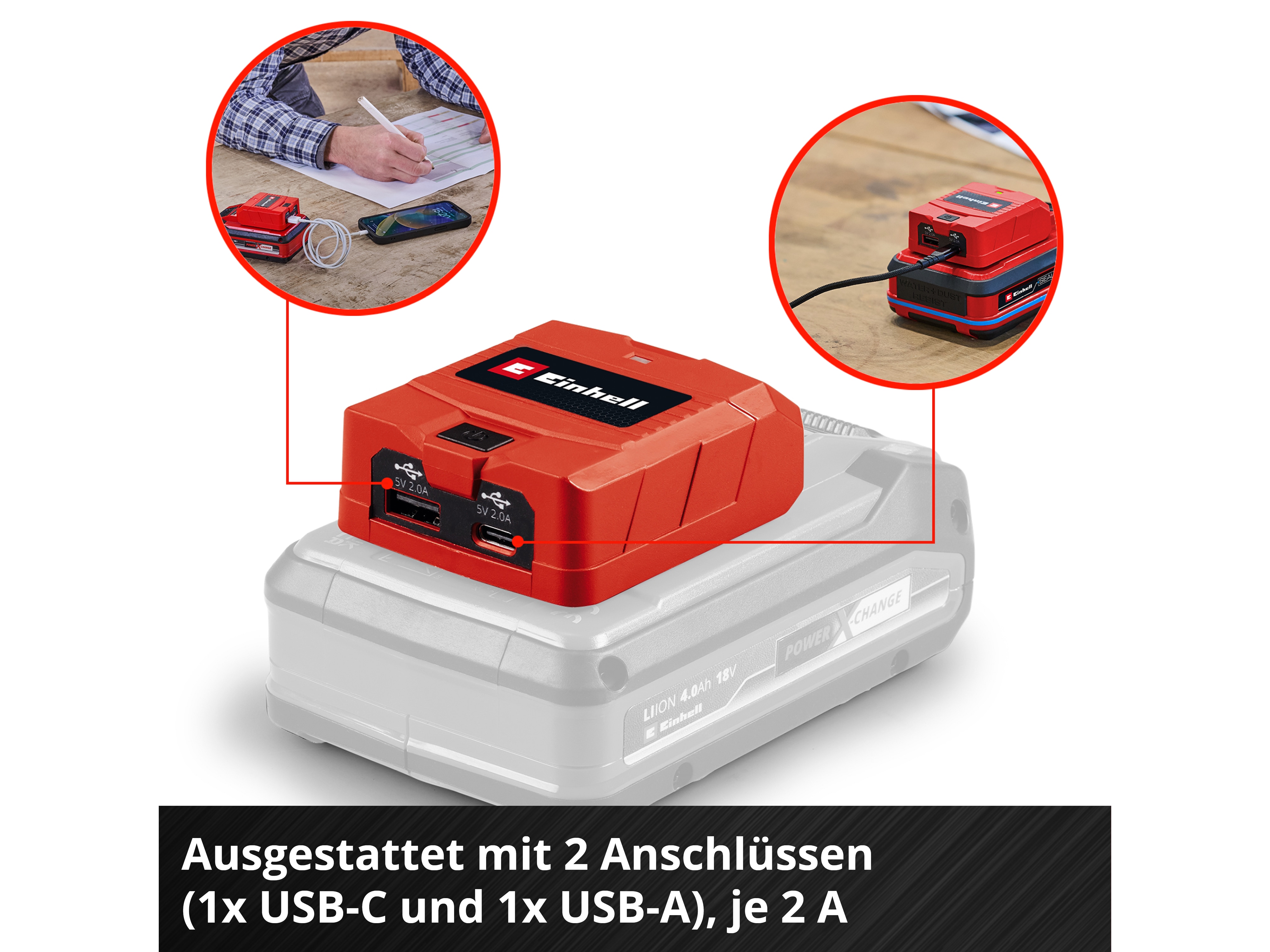 EINHELL USB-Akku-Adapter TC-CP 18 Li, 4514148, USB A/C, Solo