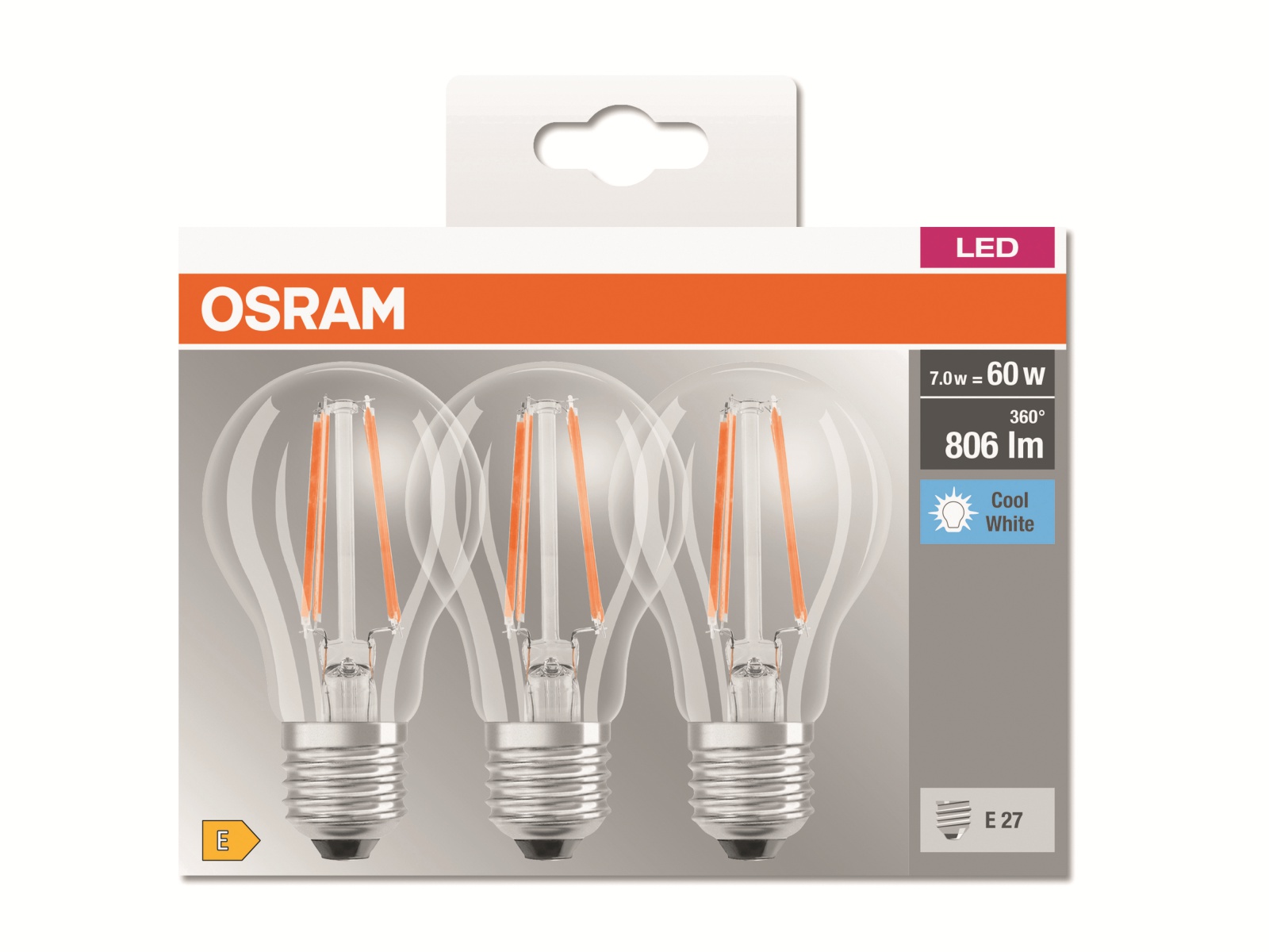 OSRAM LED-Lampe BASE CLASSIC A60, E27, EEK: E, 6,5 W, 806 lm, 4000 K, 3 Stück
