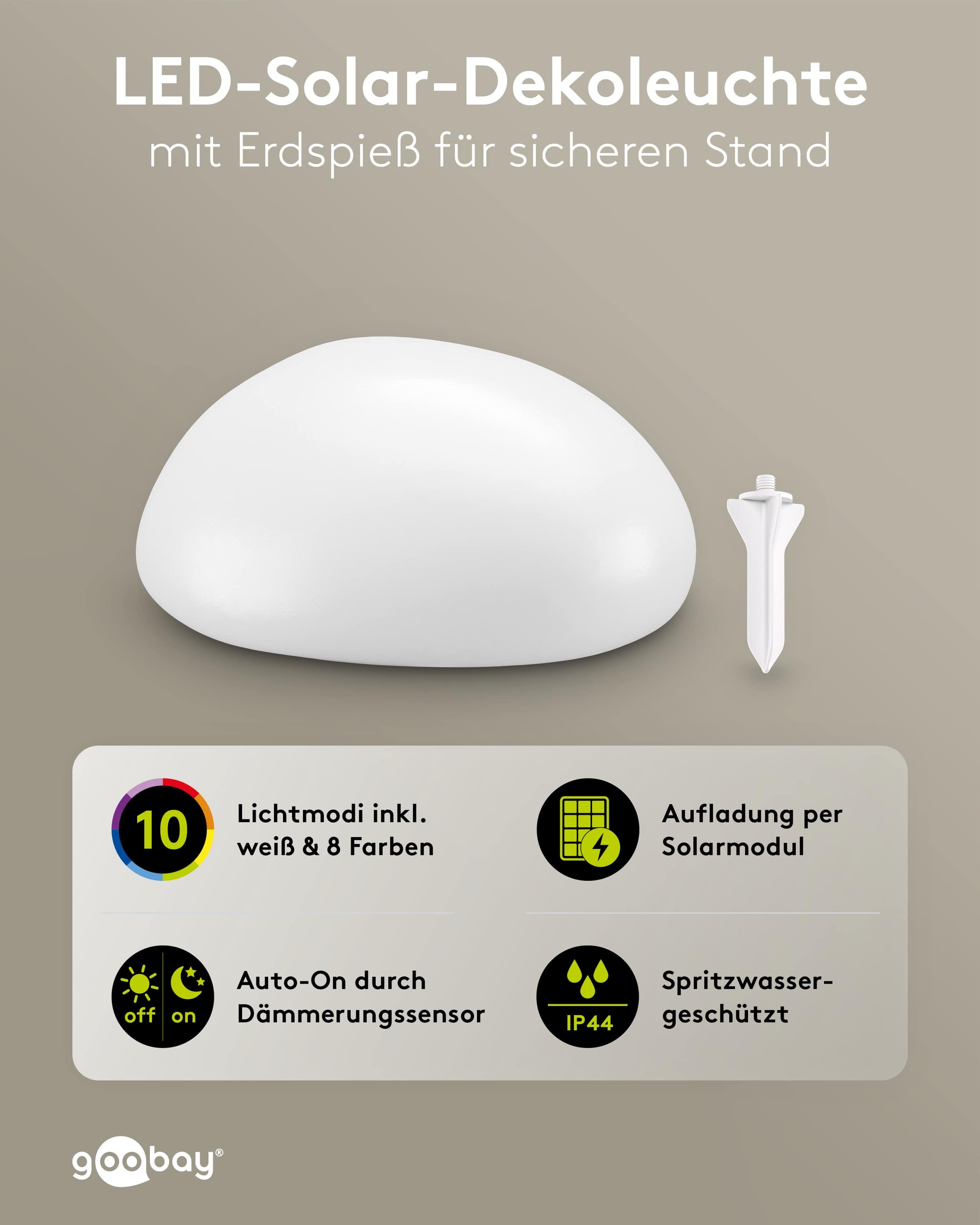 GOOBAY LED-Solar-Gartenleuchten, 24 cm, Stein, Größe M, RGBW, 2 Stück GOOBAY LED-Solar-Gartenleuchten, 24 cm, Stein, Größe M, RGBW, 2 Stück