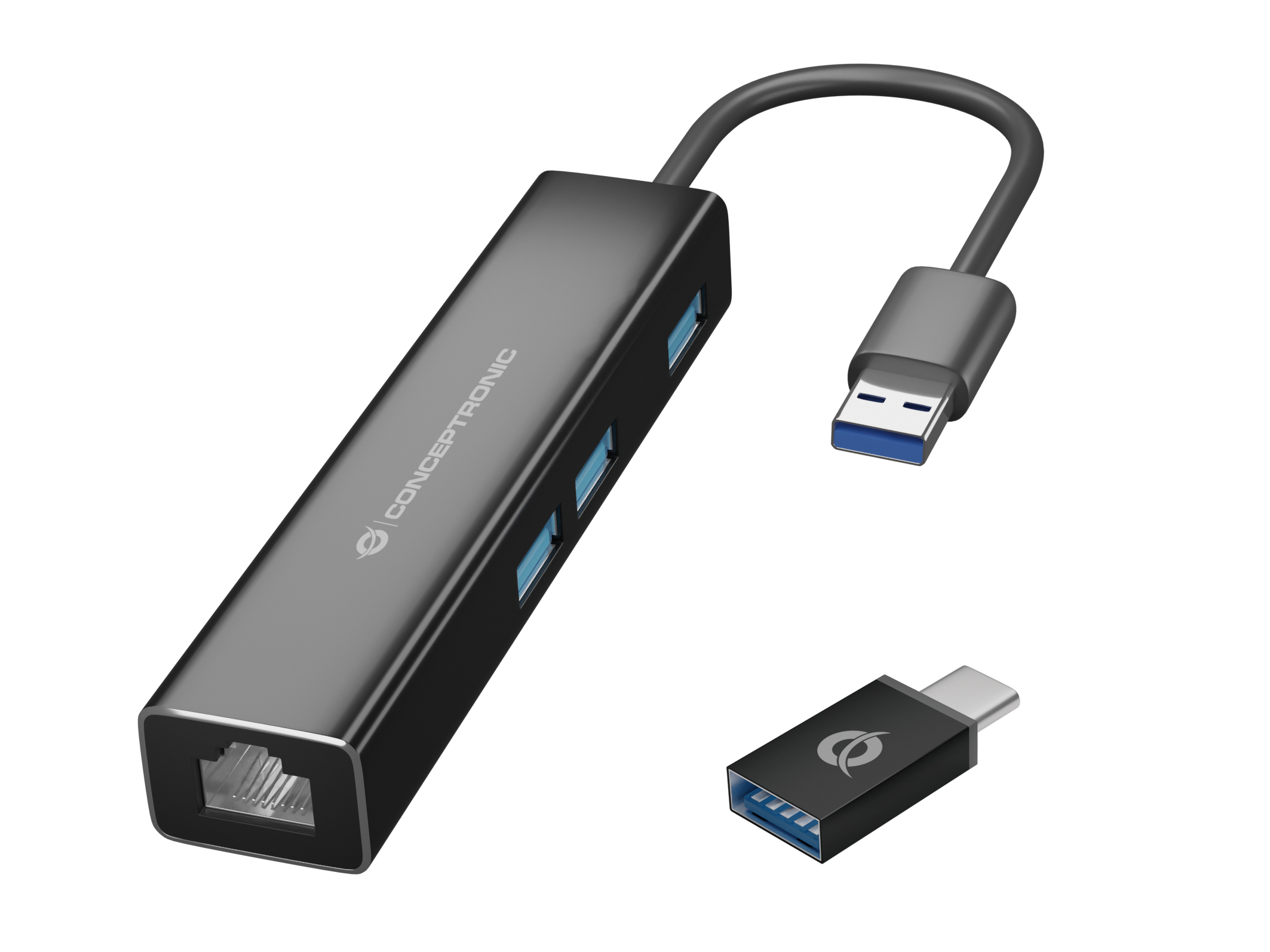 CONCEPTRONIC Adapter USB 3.0 zu RJ45, 3 x USB3.0, Typ C