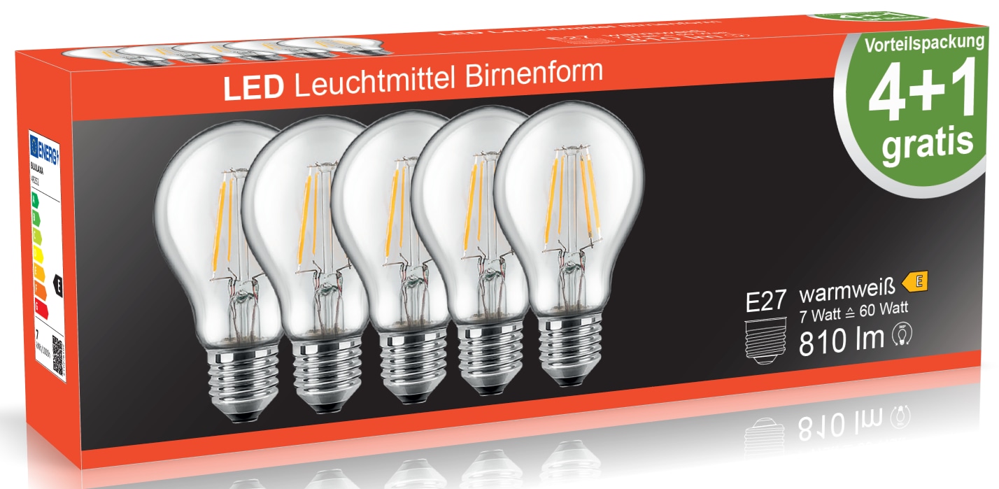 BLULAXA LED-Filament-Lampe, A60, EEK: E, E27, 7 W, 810 lm, 2700 K, 5 Stück BLULAXA LED-Filament-Lampe, A60, EEK: E, E14, 7 W, 810 lm, 2700 K, 5 Stück
