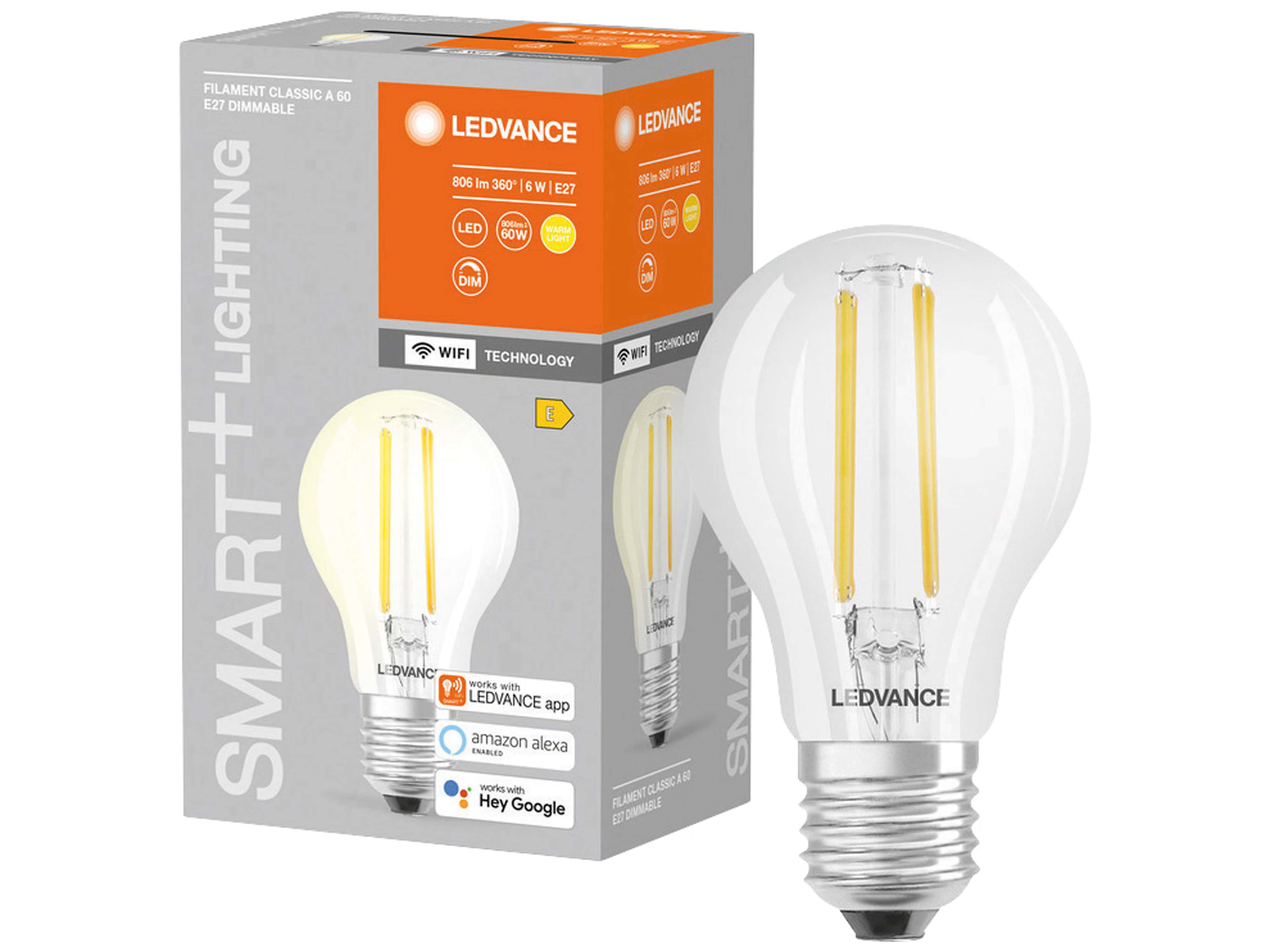 LEDVANCE LED-Lampe SMART+ WiFi Classic, A60, E27, EEK: E, 6 W, 806 lm, 2700 K, Smart