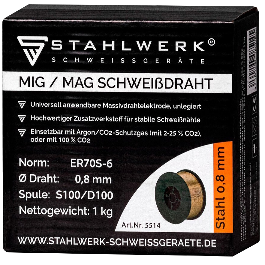 STAHLWERK MIG MAG Schweißdraht, 5512, ER70S-6, 0,8 mm, 1 kg STAHLWERK MIG MAG Schweißdraht, 5512, ER70S-6, 0,8 mm, 1 kg