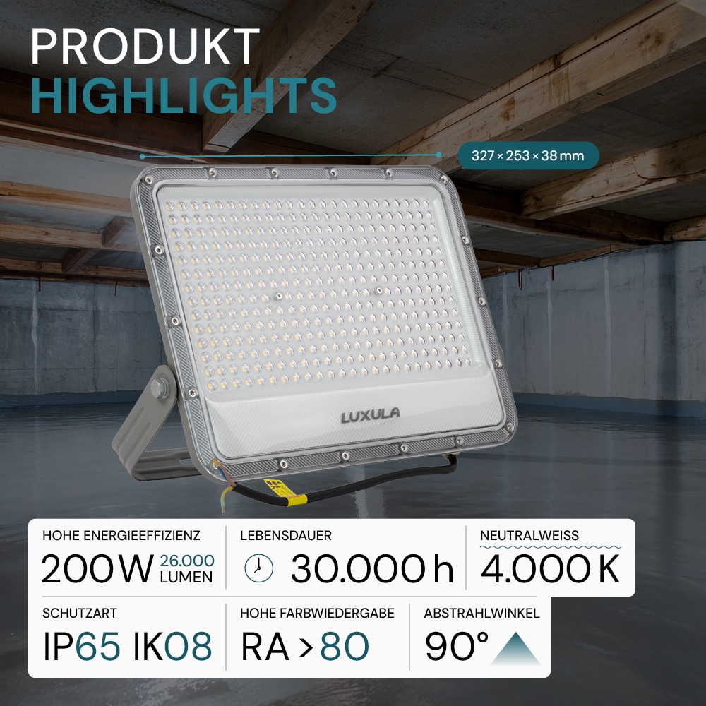 LUXULA LED-Fluter, EEK: E, 200W, 26000lm, 4000K, IP65, grau
