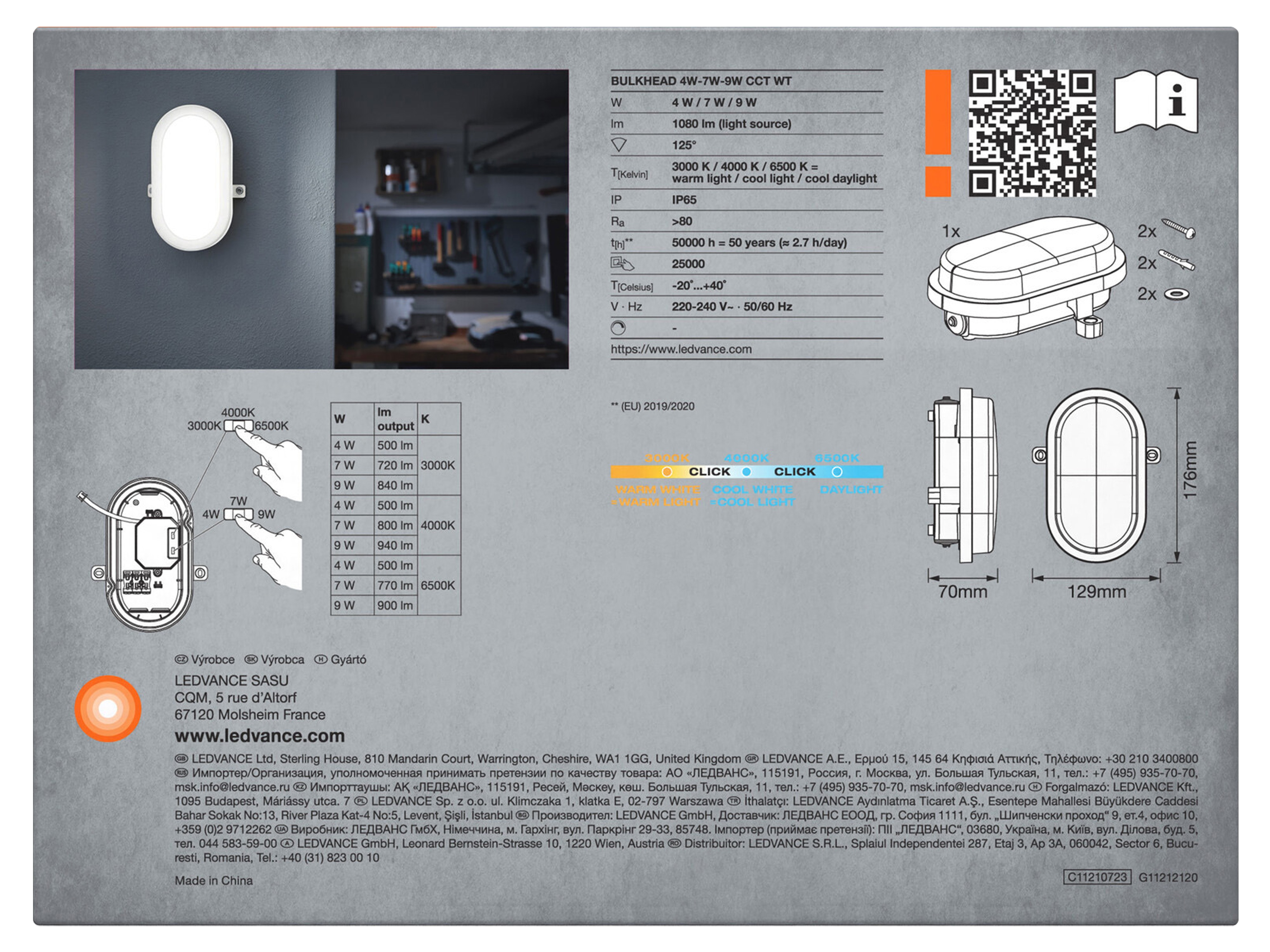 OSRAM Wand- und Deckenleuchte, CCT, 9/7/4 W, 3000/4000/6500 K, 840/720/500 lm, IP65, weiß