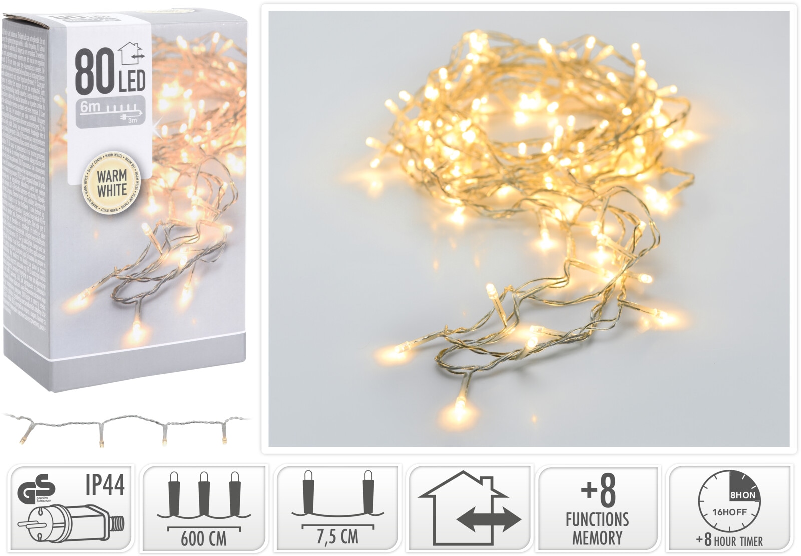 LED-Lichterkette warmweiß, 80 LEDs, transparentes Kabel, Innen/Außen, 9m KOOPMAN LED-Lichterkette warmweiß, 80 LEDs, transparentes Kabel, Innen/Außen, 9m