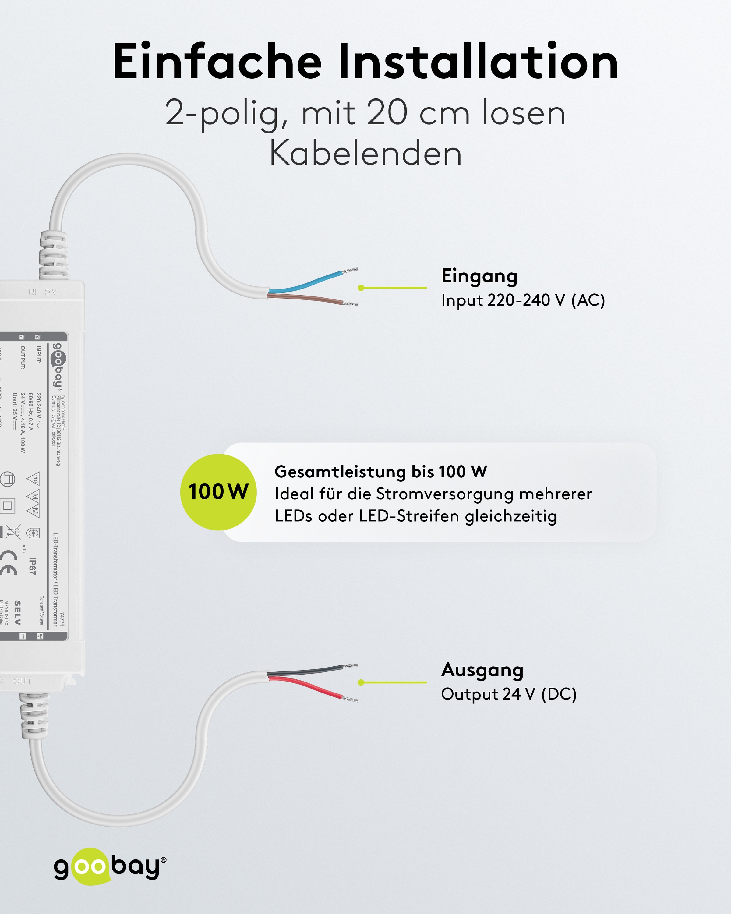 Wetterfester LED-Trafo GOOBAY 24V DC, 100W, 4.16 A, IP67