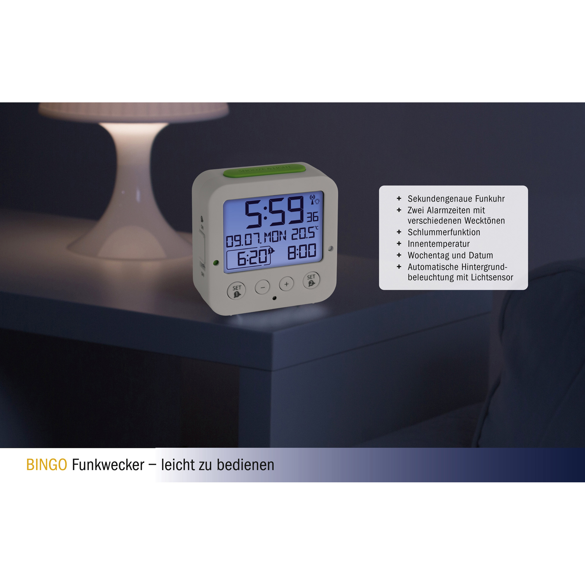 TFA Digitaler Funkwecker 60.2528.02, mit Temperatur BINGO