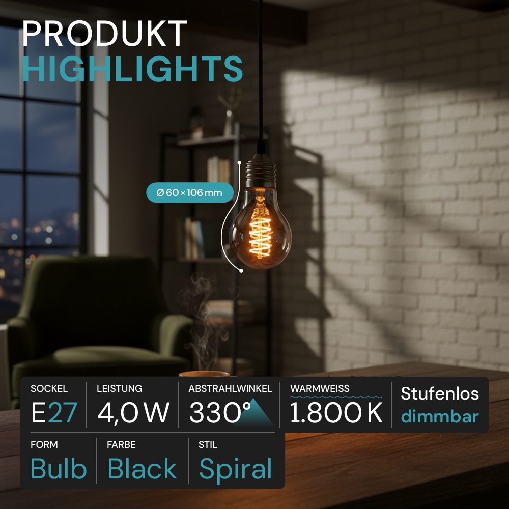 LUXULA LED-Filament-Lampe, SPIRAL, Bulb, E27, 4W, 40lm, 1800K, dimmbar