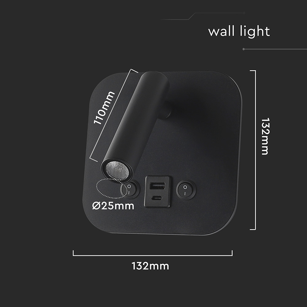 V-TAC LED-Wandleuchte VT-80068, 8W, 3000K, EEK: F, CREE Chip, 830lm, IP20, schwarz