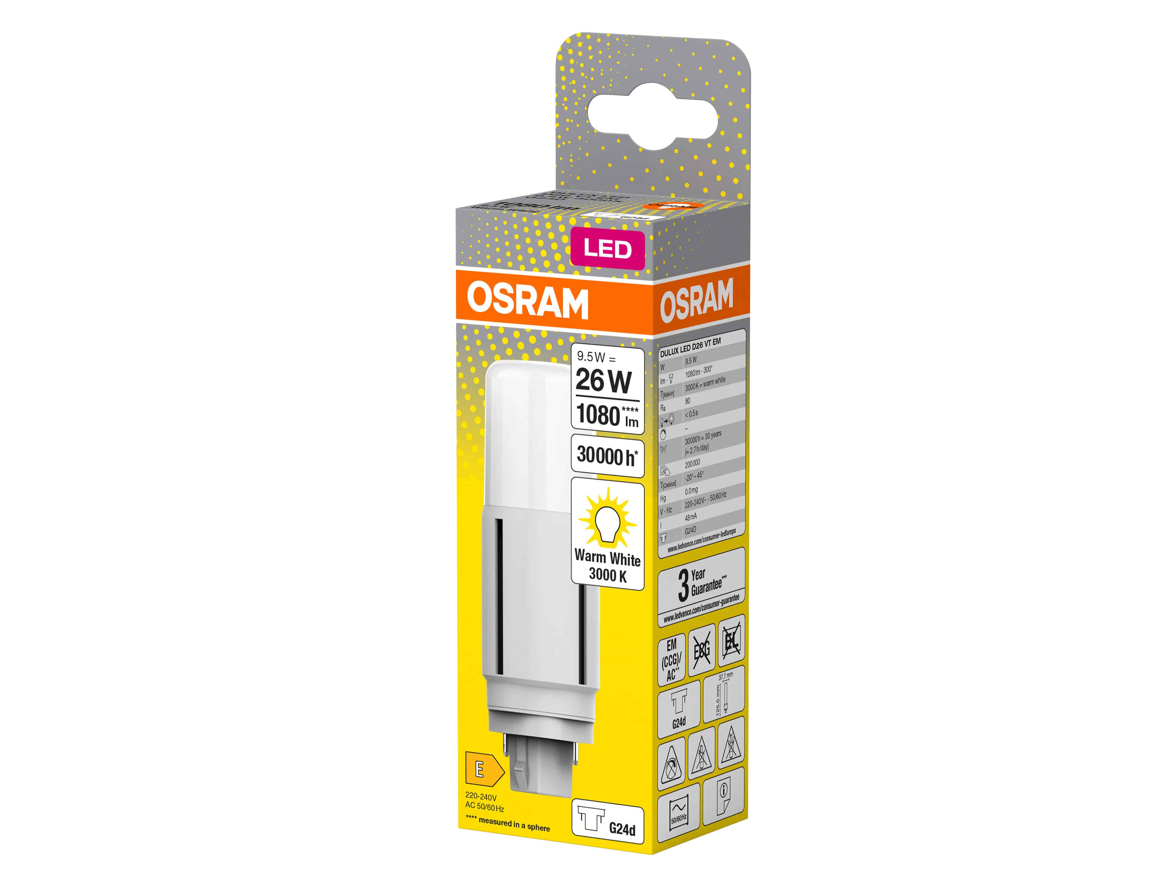OSRAM LED-Lampe, Dulux D26, G24d, EEK: E, 9,5W, 1080lm, 3000K OSRAM LED-Lampe, Dulux D26, G24d, EEK: E, 9,5W, 1080lm, 3000K
