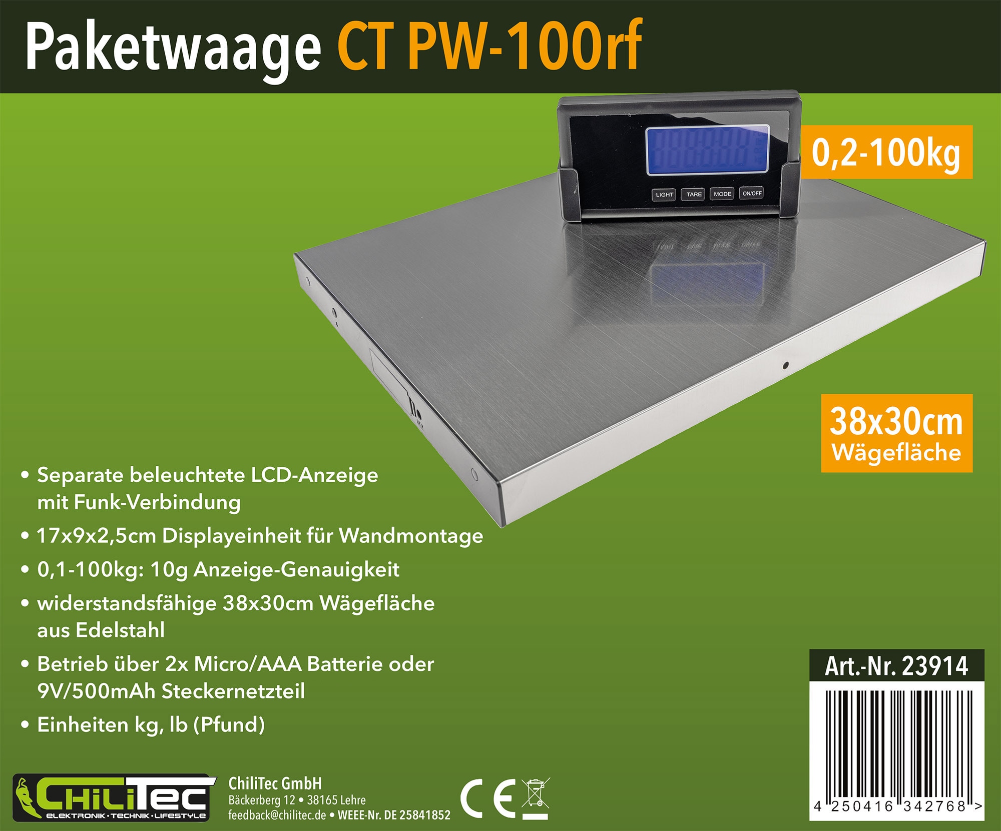 CHILITEC Paketwaage / Versandwaage CT PW-100rf, 0,1...100 kg, 38x30 cm