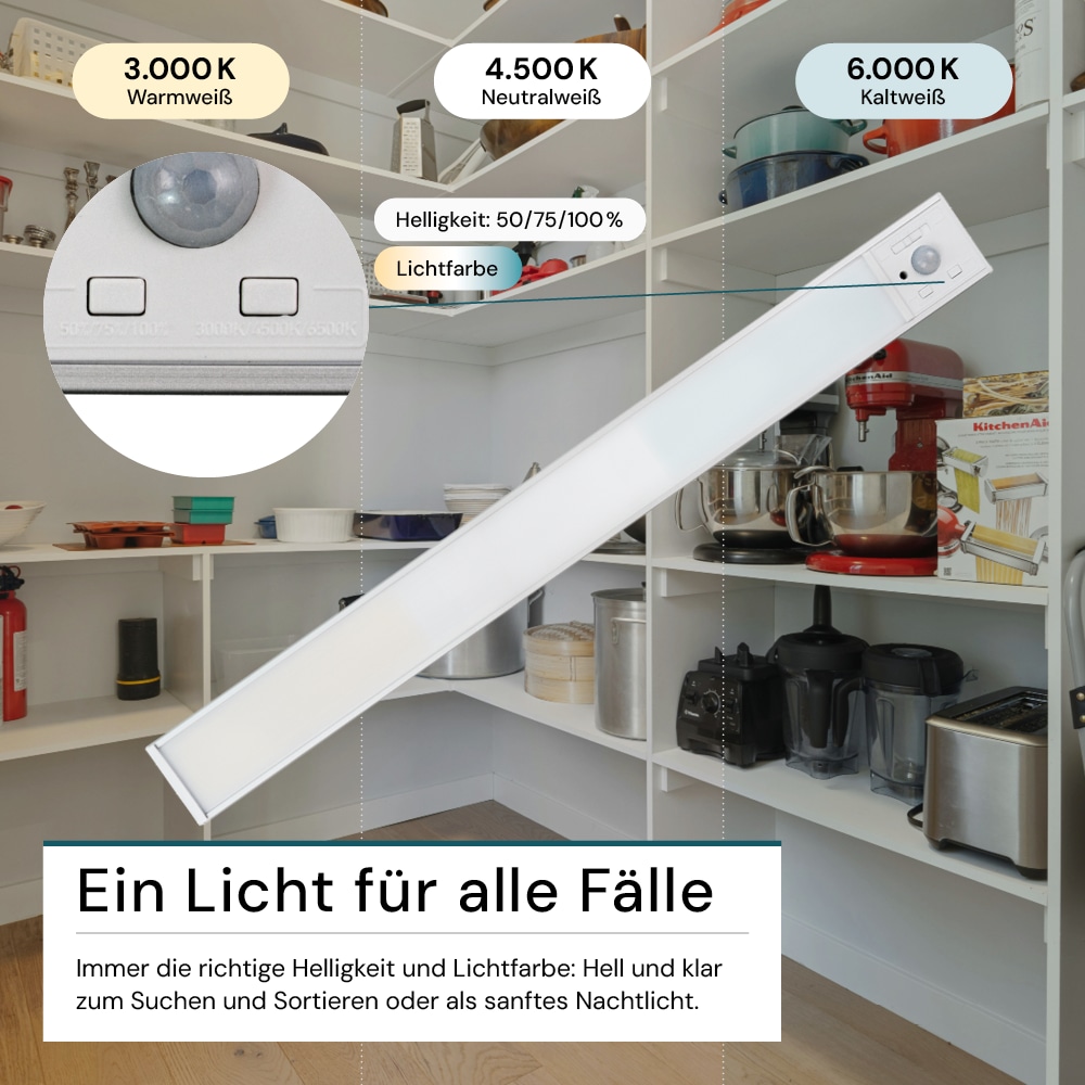 LUXULA LED-Schrankleuchte mit Bewegungsmelder, 3,3W, 1250lm, CCT, IP20, silber, 40cm