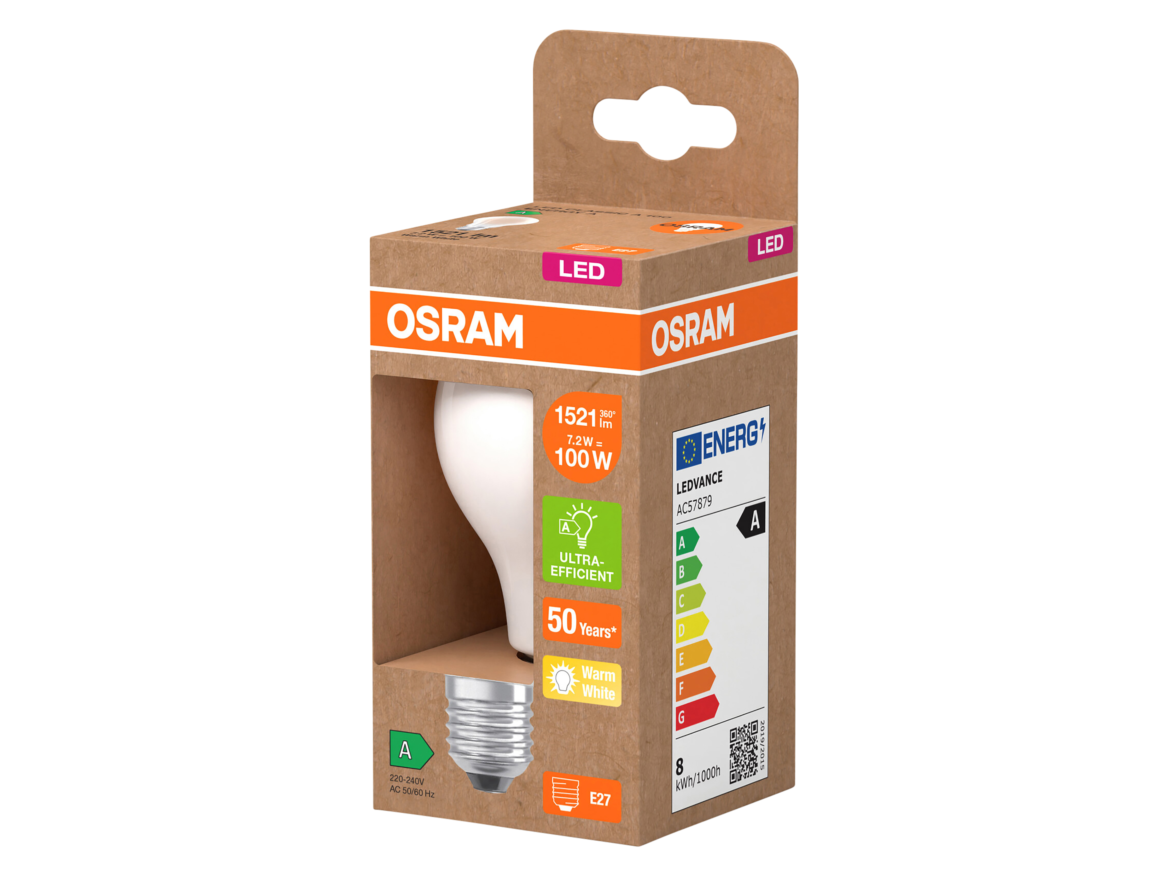 OSRAM LED-Lampe, Kolbenform, E27, 7,2 W, 2700 K, EEK: A, 1521 lm, warmweiß