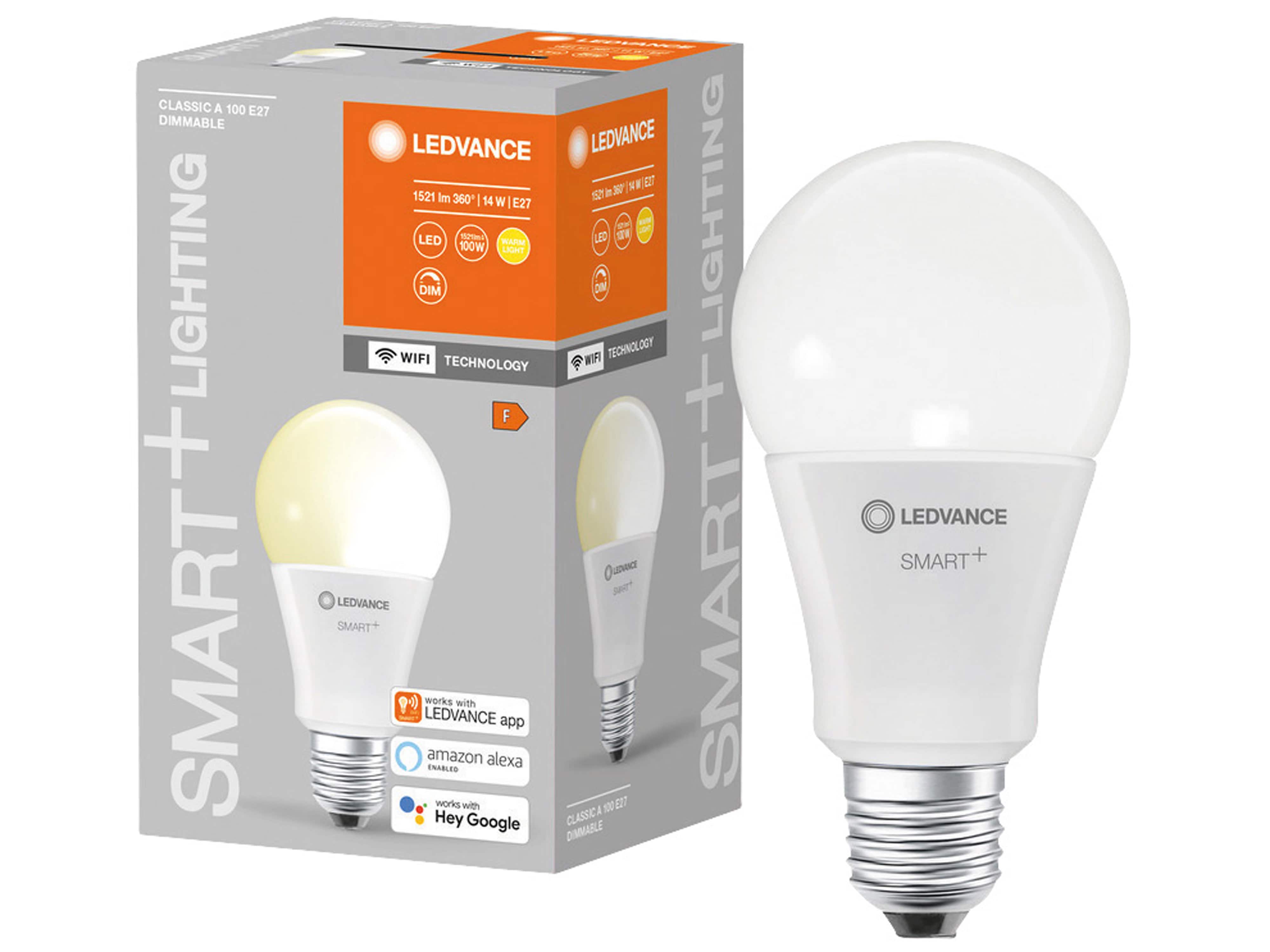 LEDVANCE LED-Lampe SMART+ WiFi Classic, A75, E27, EEK: F, 14 W, 1521 lm, 2700 K, Smart
