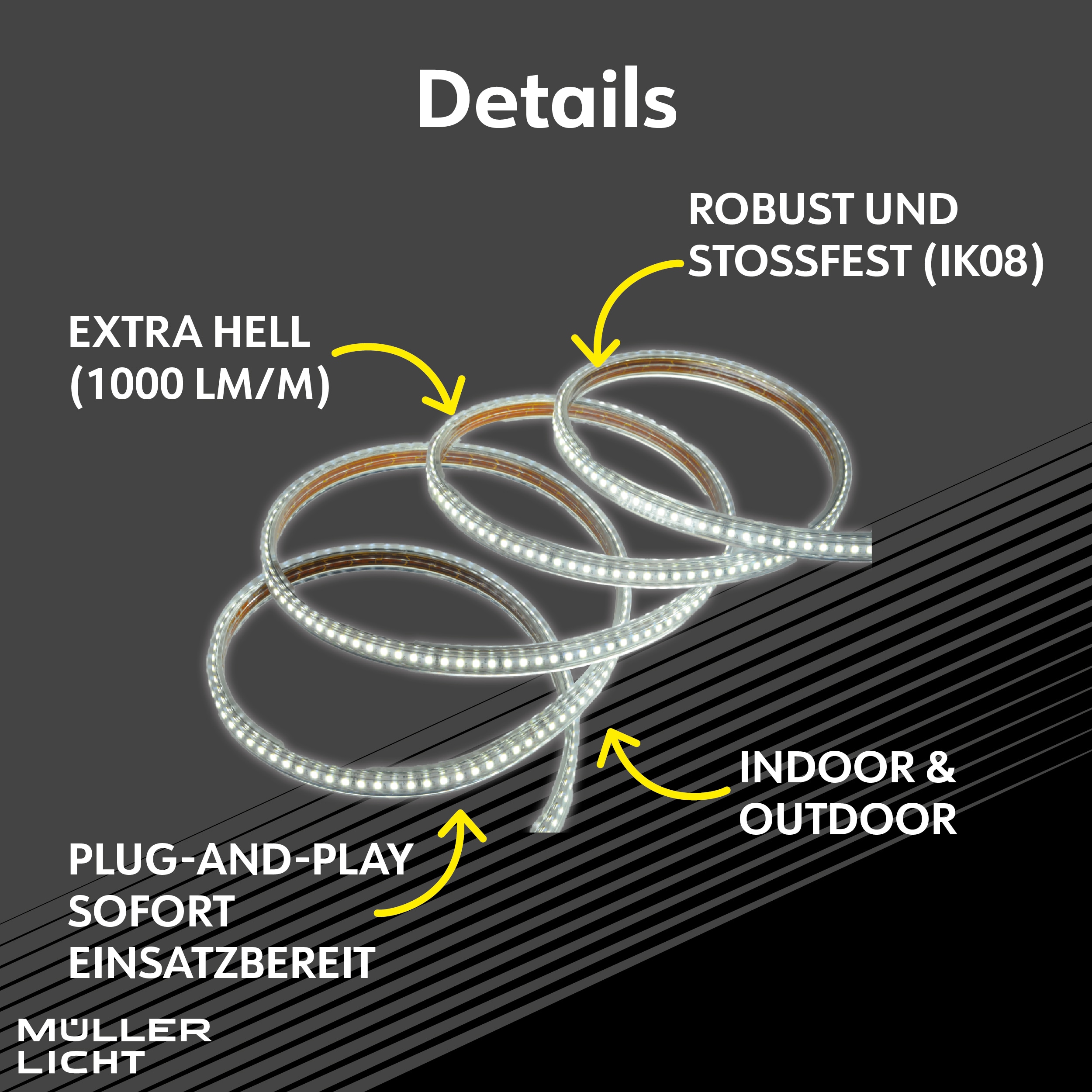 MÜLLER-LICHT LED-Strip Power Stripe 25m, 290 W, 25000 lm, 2700 K, IP44, warmweiß