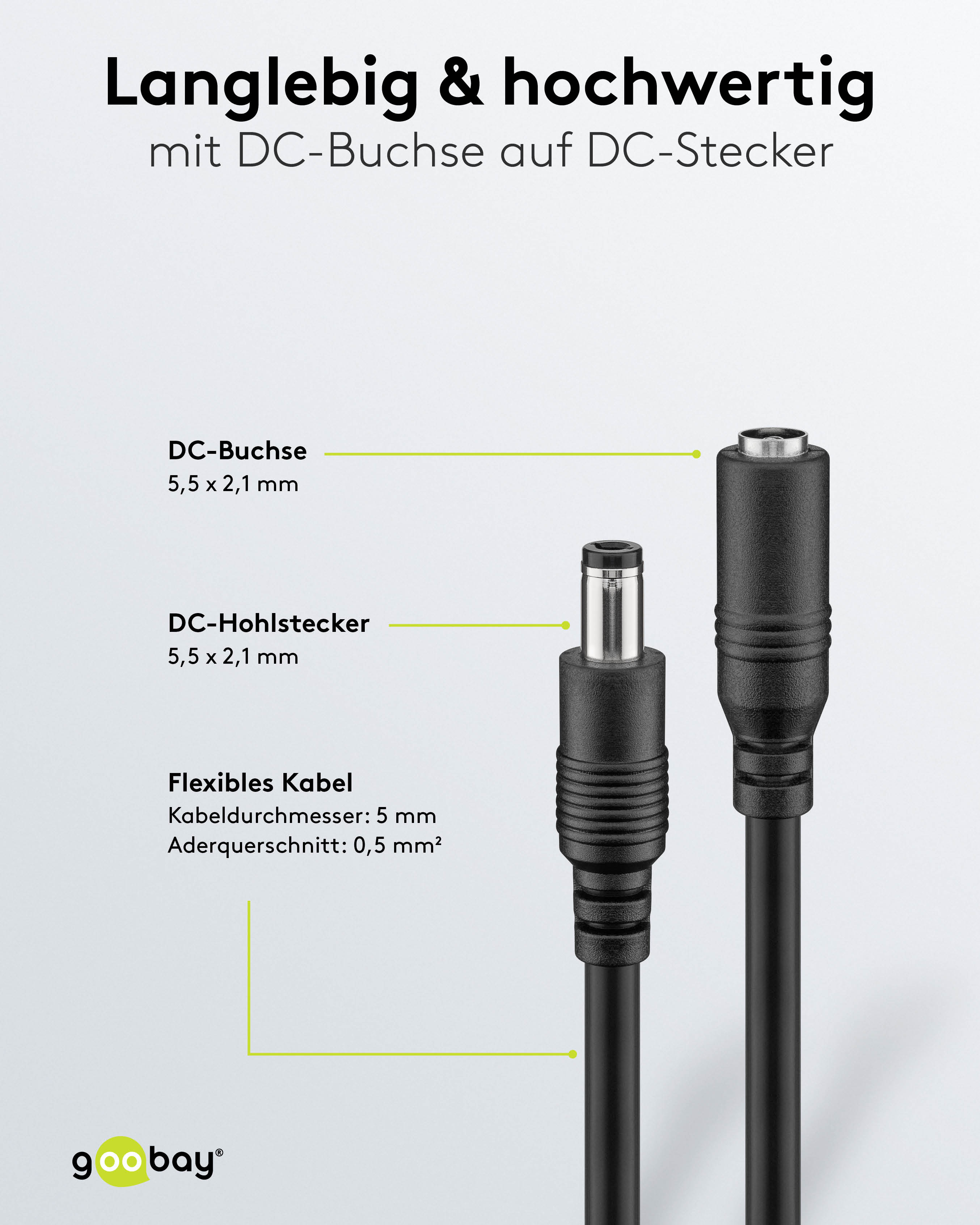 GOOBAY DC-Adapterkabel 2,1 mm, DC-Stecker auf DC-Kupplung, schwarz, 5 m