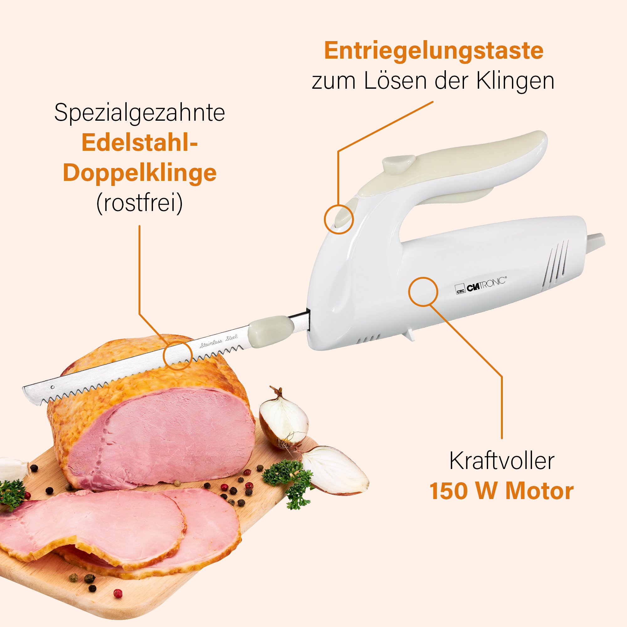 CLATRONIC Elektromesser EM 3062, Edelstahldoppelklingen, weiß, 150W