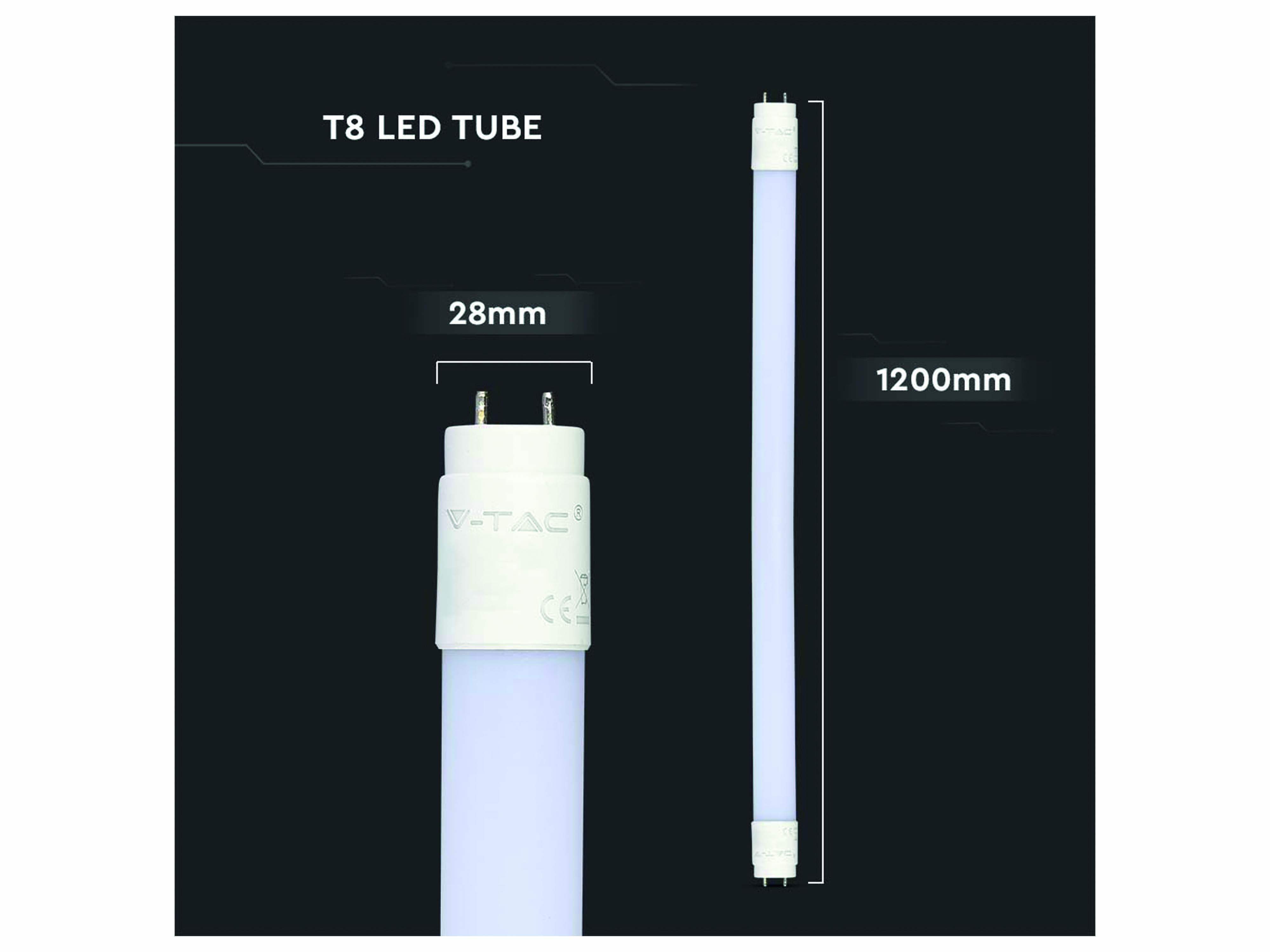 V-TAC LED-Röhre HIGH LUMEN, EEK: E, 16,5 W, 1850 lm, G13, 4000 K, 120 cm, 4 Stück