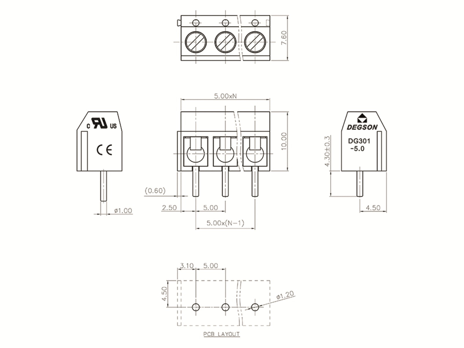 DEGSON Klemmleiste, DG301-5.0-04P-12-00AH, vertikal 4 polig blau