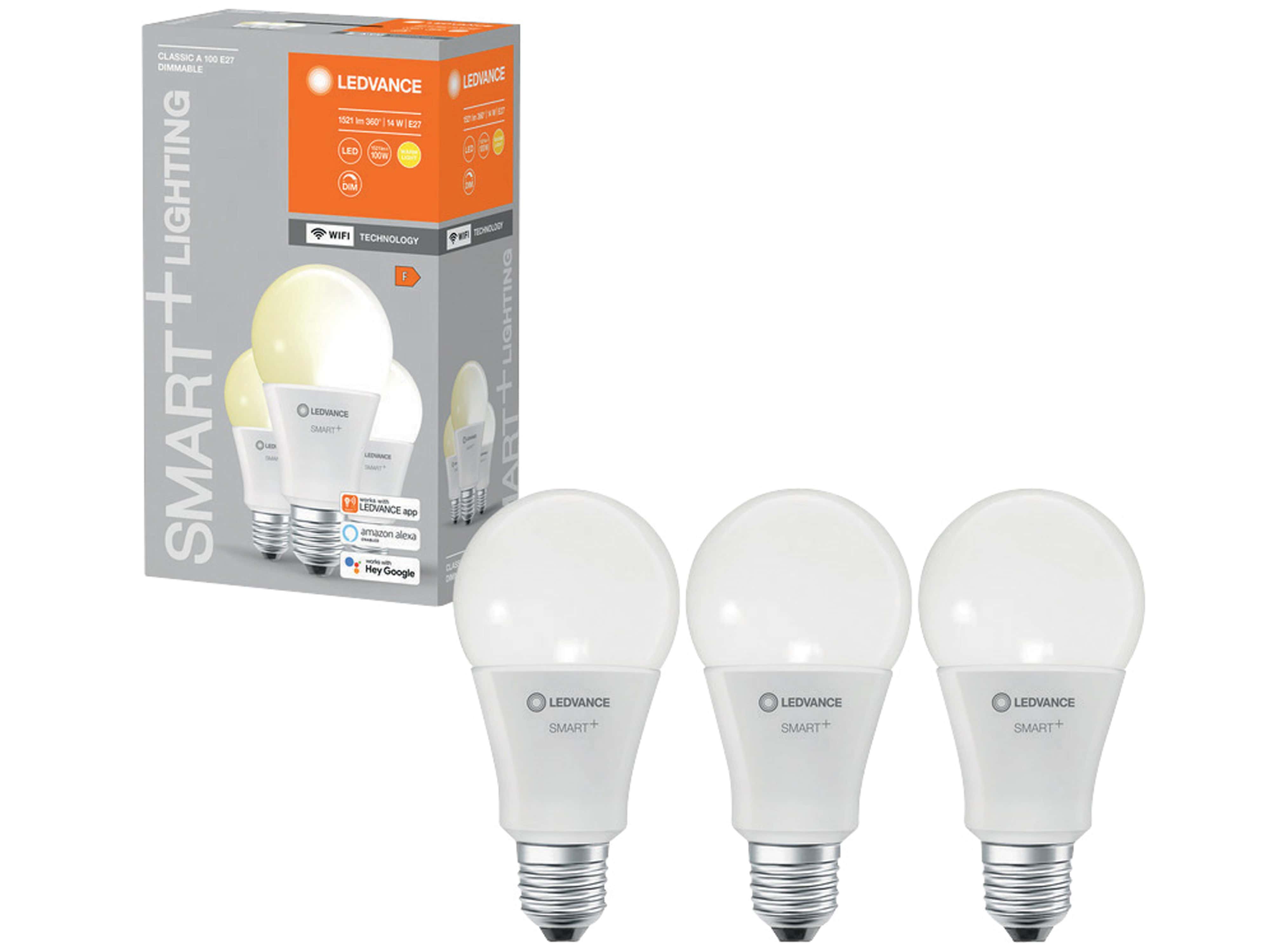 LEDVANCE LED-Lampe SMART+ WiFi Classic, A75, E27, EEK: F, 14 W, 1521 lm, 2700 K, Smart, 3 Stück