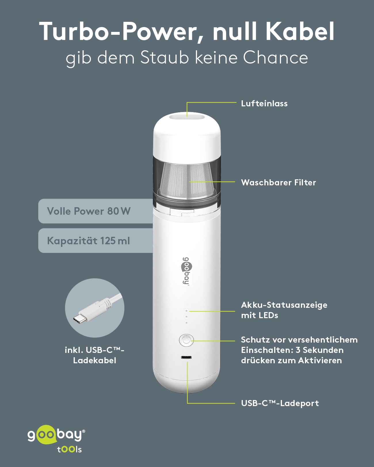 GOOBAY TOOLS Akku-Handstaubsauger, 80 W, mit 10 Aufsätzen, weiß