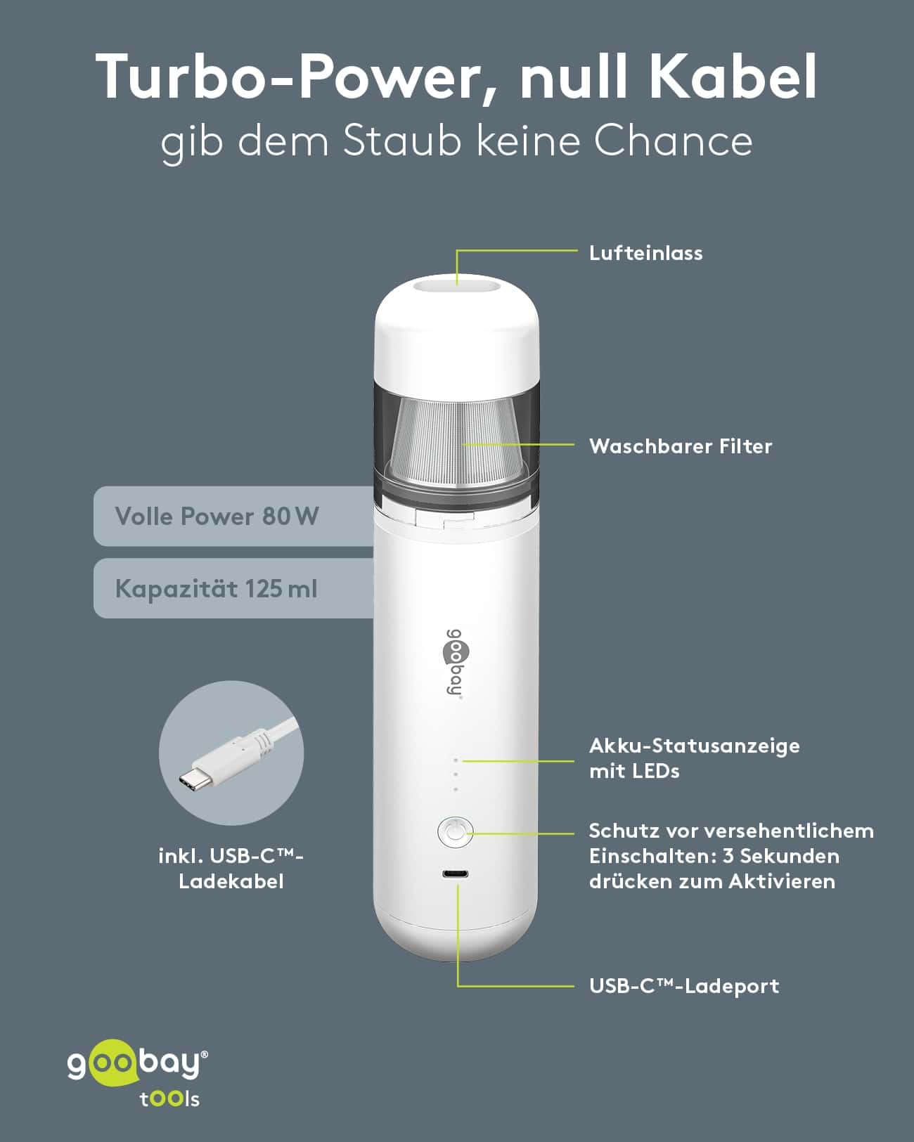 GOOBAY TOOLS Akku-Handstaubsauger, 80 W, mit 10 Aufsätzen, weiß