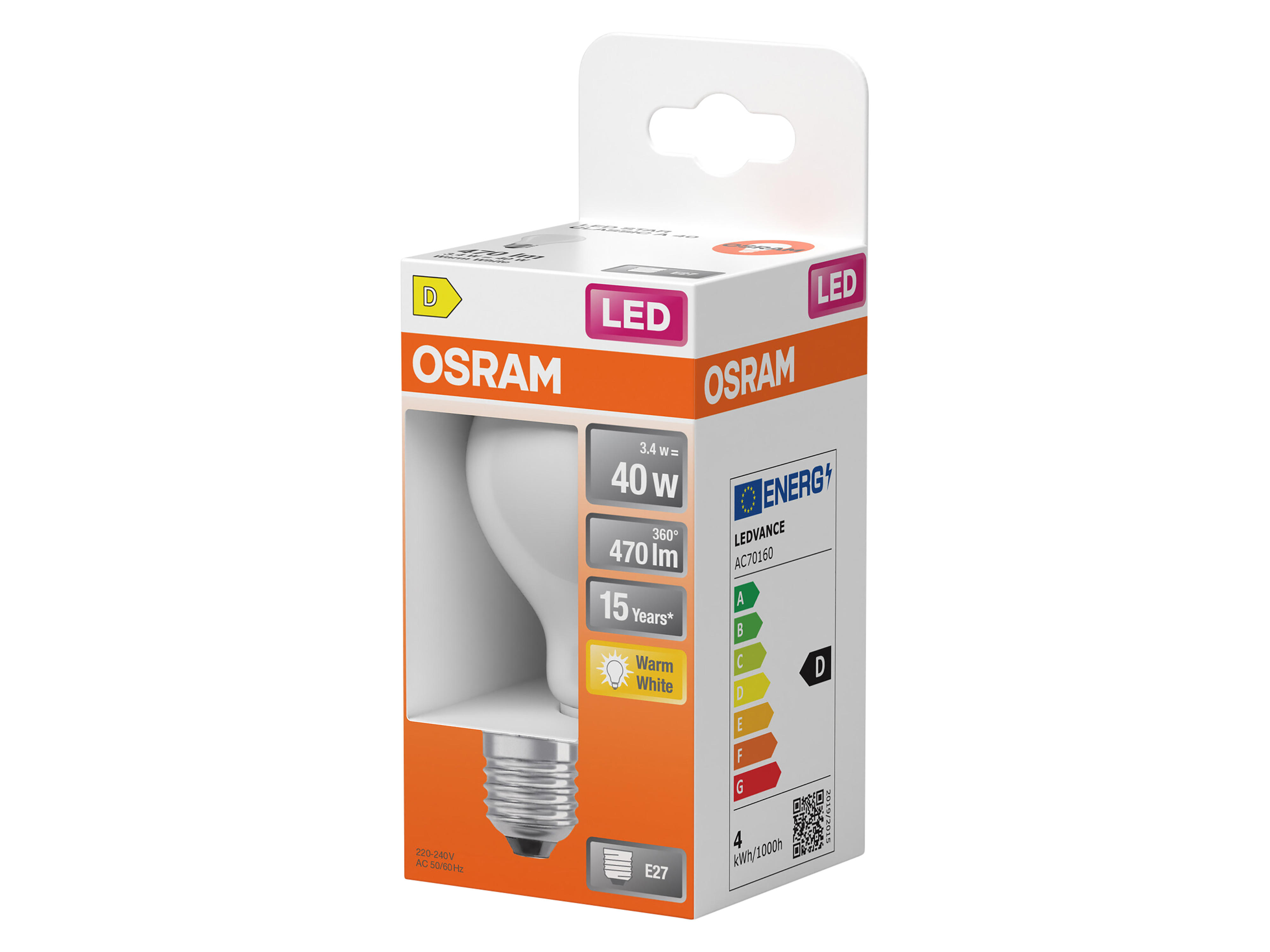 OSRAM LED-Lampe Retrofit, 3,4 W, E27, 2700 K, EEK: D, 470 lm, warmweiß