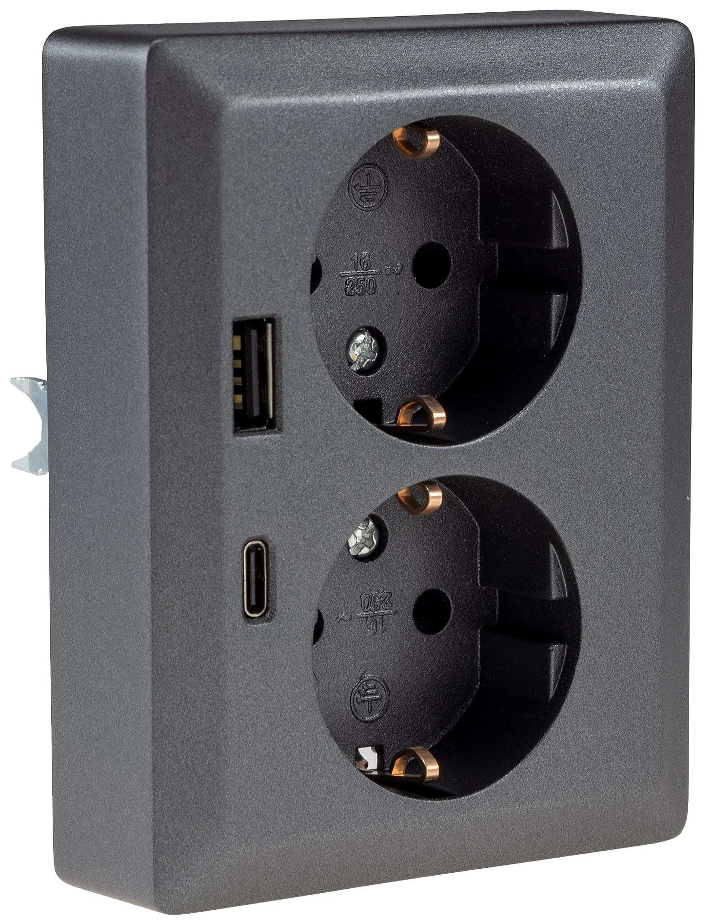 MILOS Schutzkontakt-Steckdose 23719, 2-fach, 2in1, USB-A+C/PD, 16A/250V, anthrazit MILOS Schutzkontakt-Steckdose 23719, 2-fach, 2in1, USB-A+C/PD, 16A/250V, anthrazit