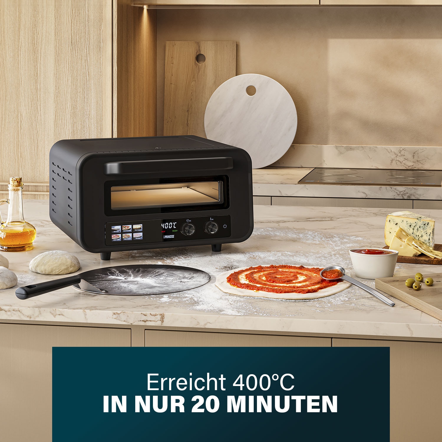 PRINCESS Pizzaofen Pro Max, 15L, 400°C, mit Pizzastein & Schaufel, 2100W