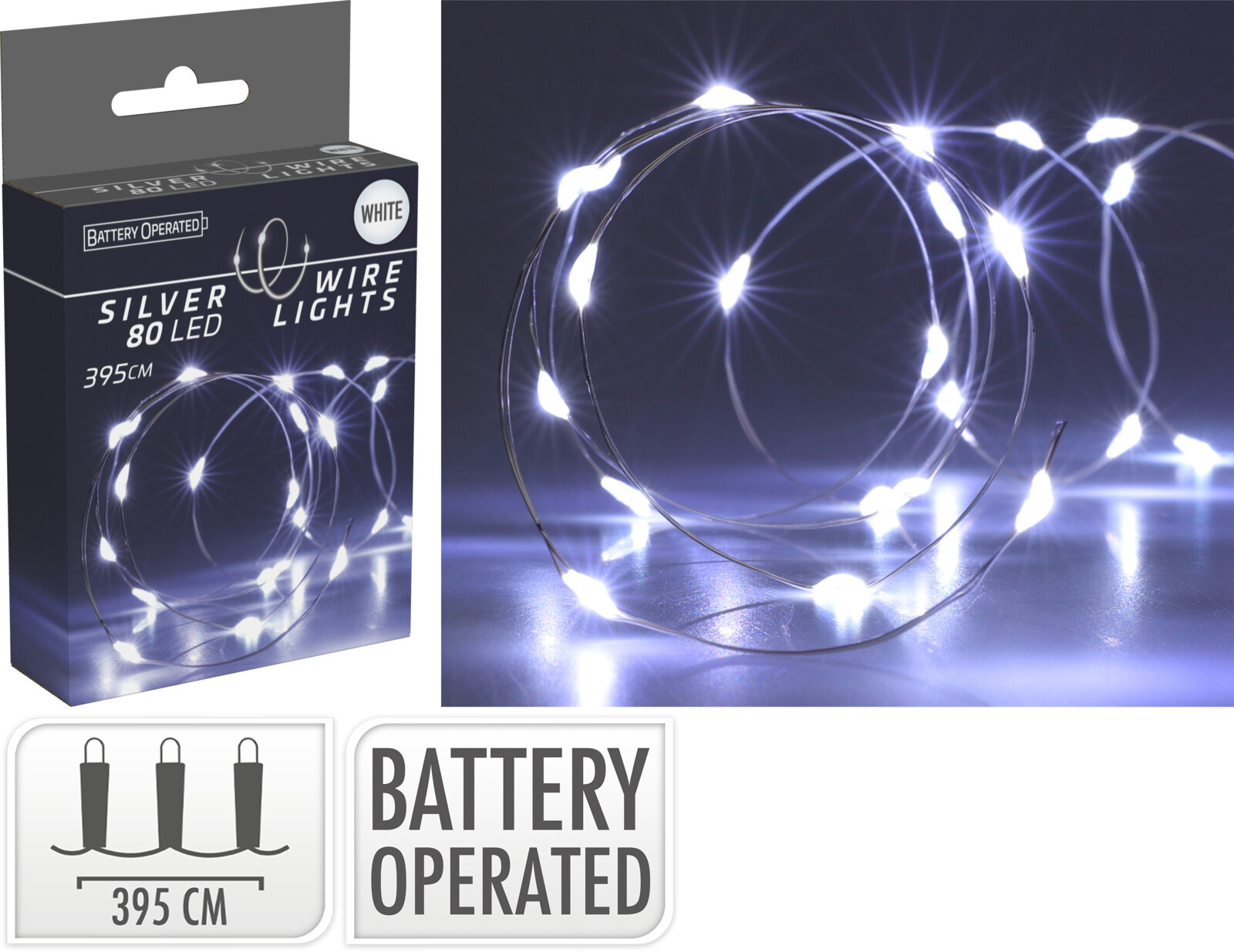 LED-Lichterkette, Silberdraht, 80 LEDs, kaltweiß, Batteriebetrieb