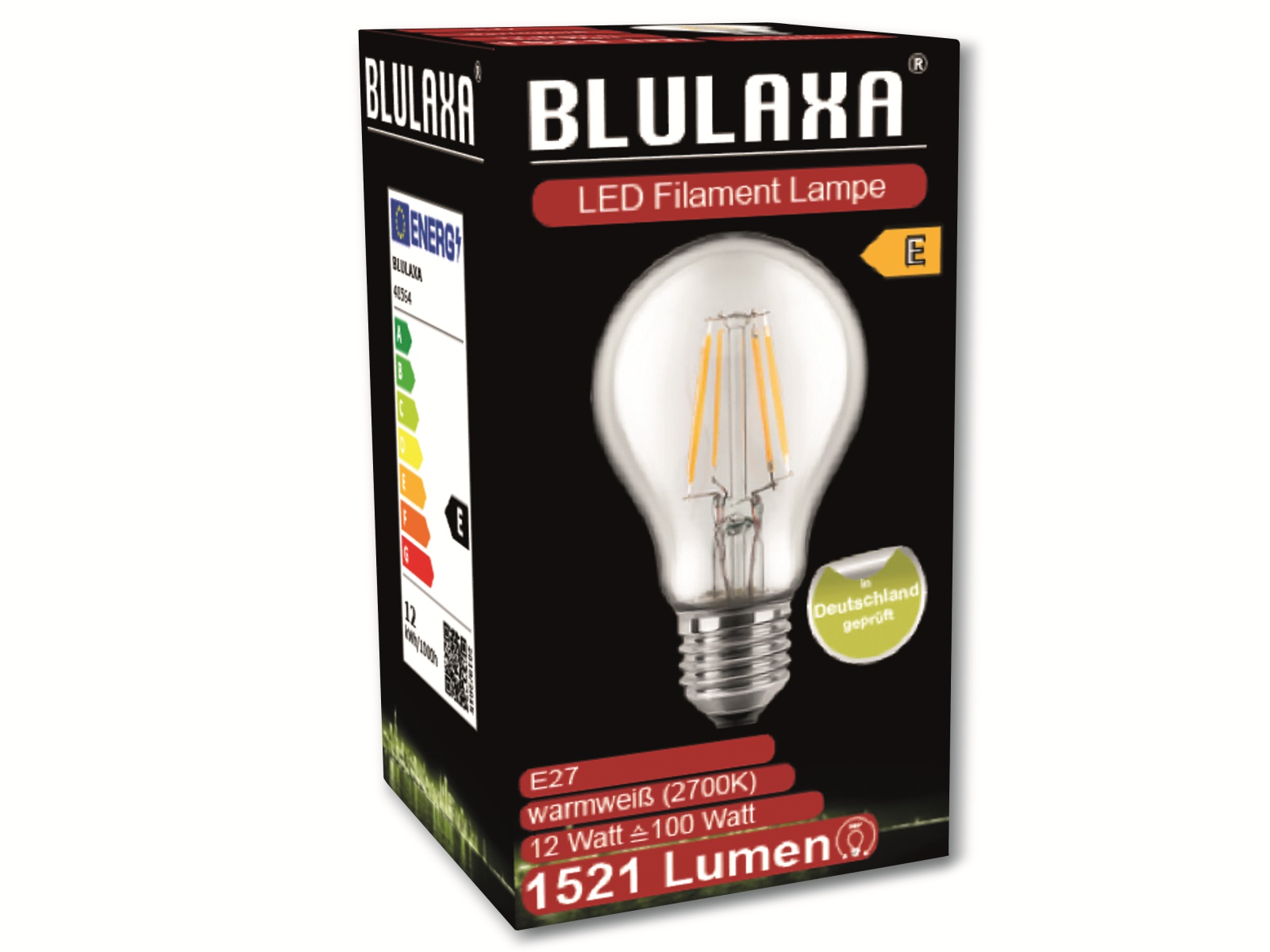BLULAXA LED-Filament-Lampe, A60, E27, EEK: E, 12 W, 1521 lm, 2700 K