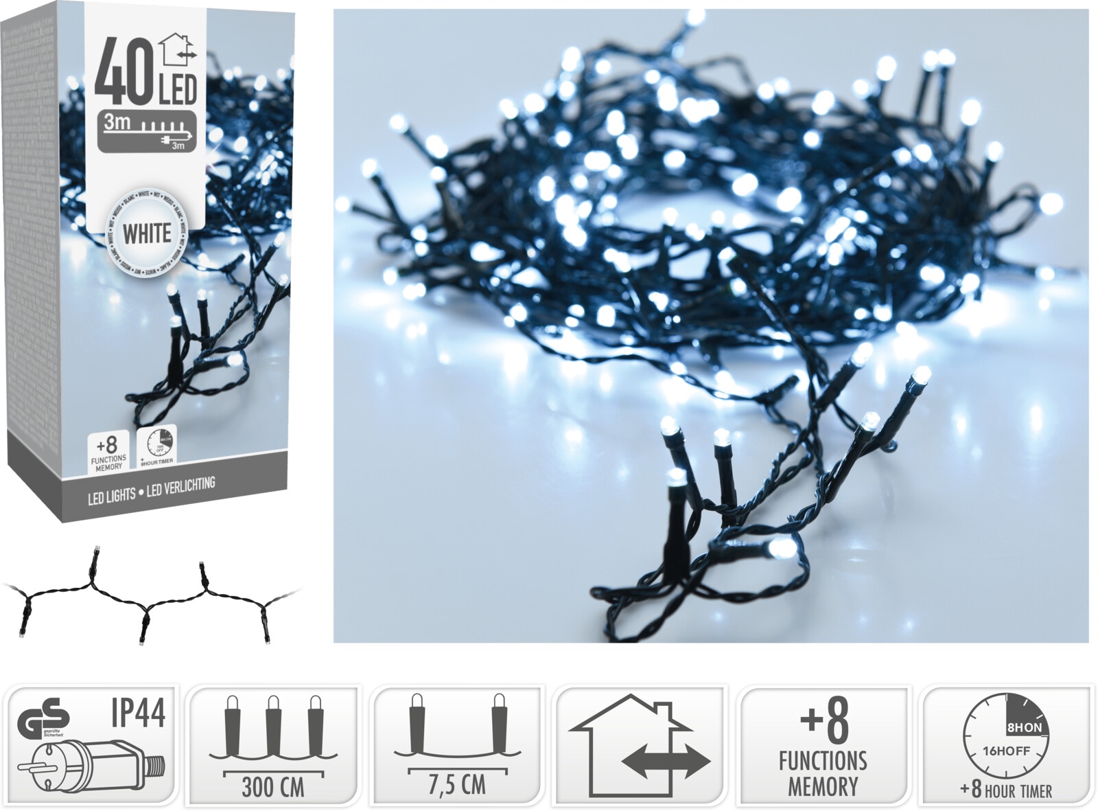 KOOPMAN LED-Lichterkette kaltweiß, 40 LEDs, Grünes Kabel, Innen/Außen, 6m
