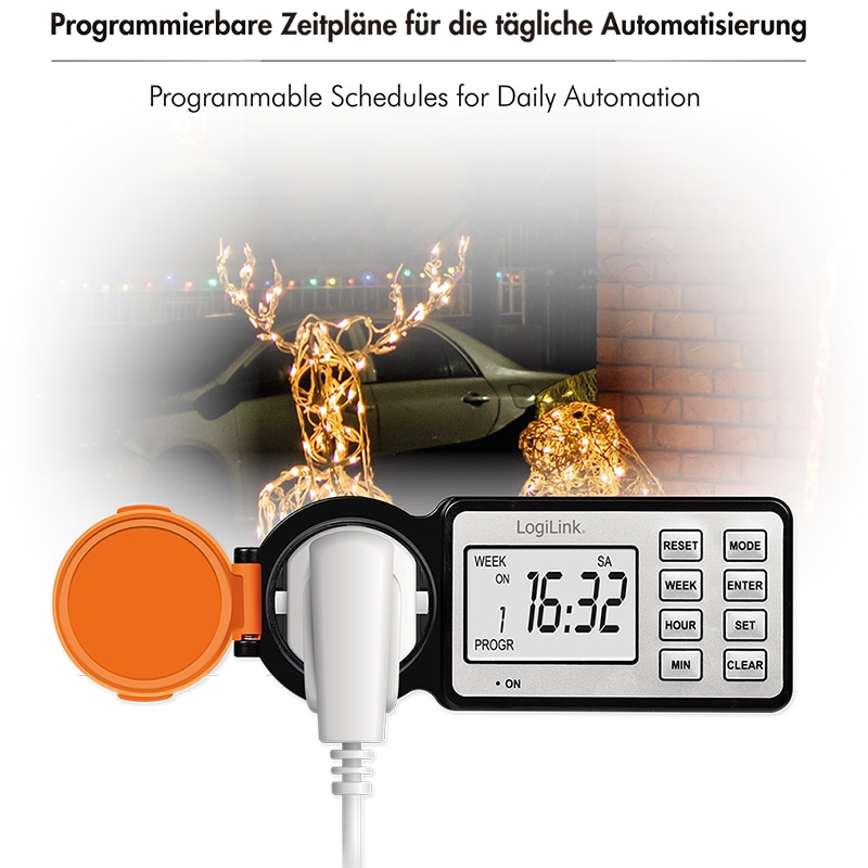 LOGILINK Outdoor-Zeitschaltuhr mit 2,2"-LCD-Display, CEE 7/3, IP44, 3600 W, schwarz/orange