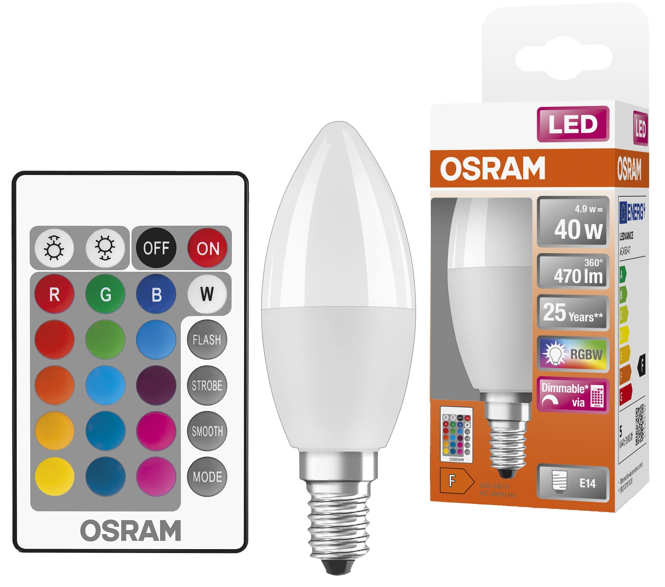 OSRAM LED-Lampe Superstar Classic, B40, E14, EEK: F, 4,9 W, 470 lm, 2700 K, RGBW