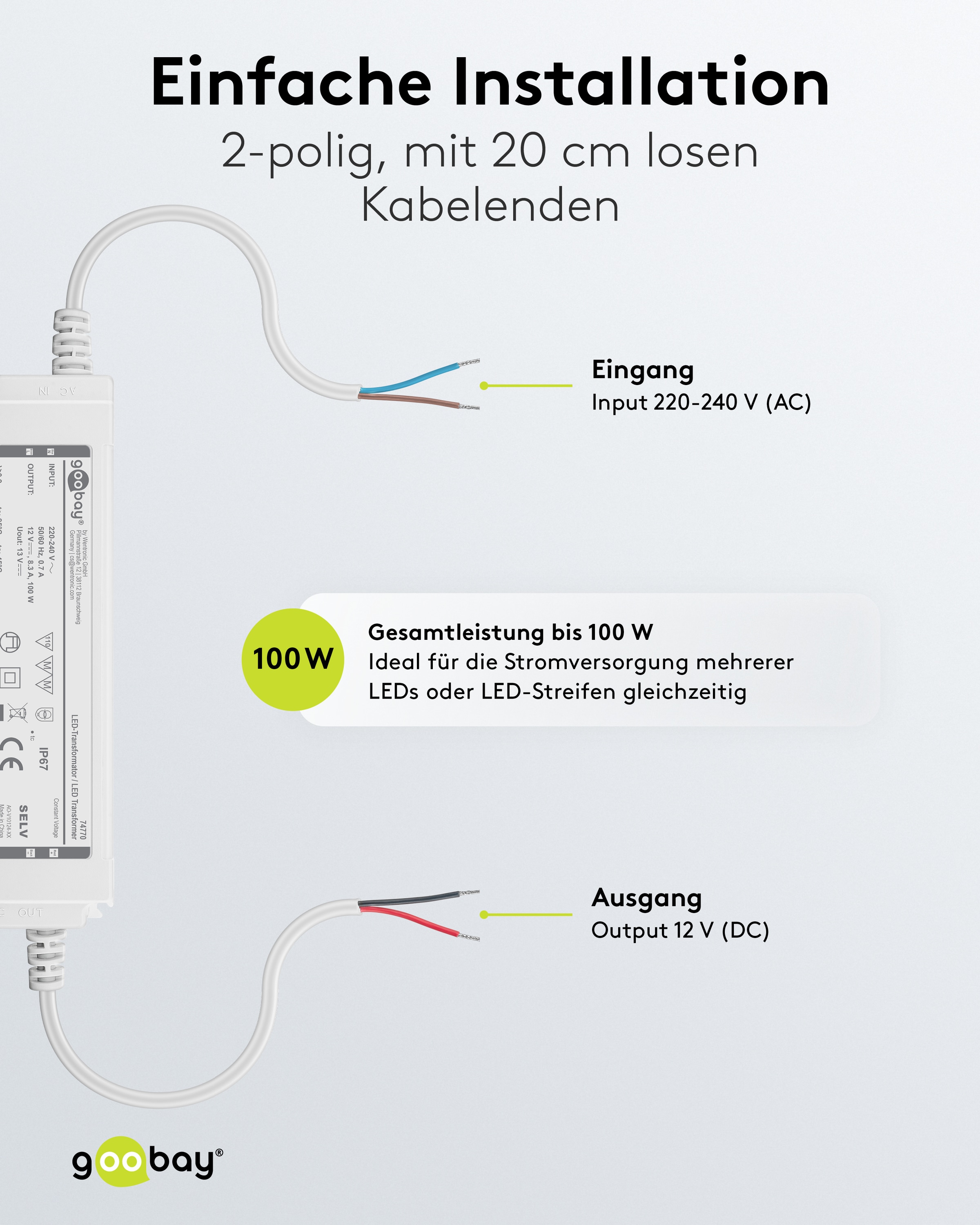 Wetterfester LED-Trafo GOOBAY 12V DC, 100W, 5 A, IP67