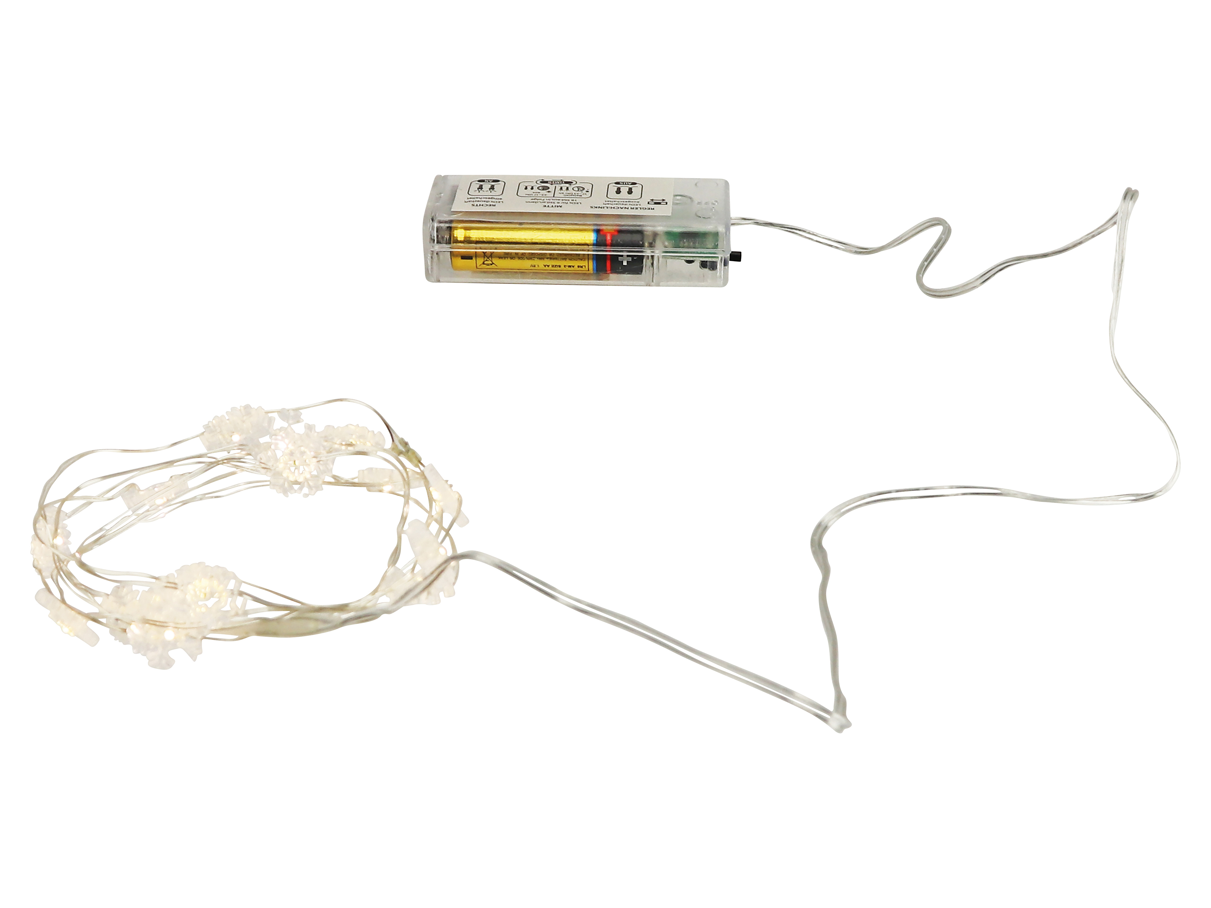 Micro-LED-Lichterkette, Schneeflocken, 3V, 15 LEDs, Silberdraht, warmweiß, 1,90m