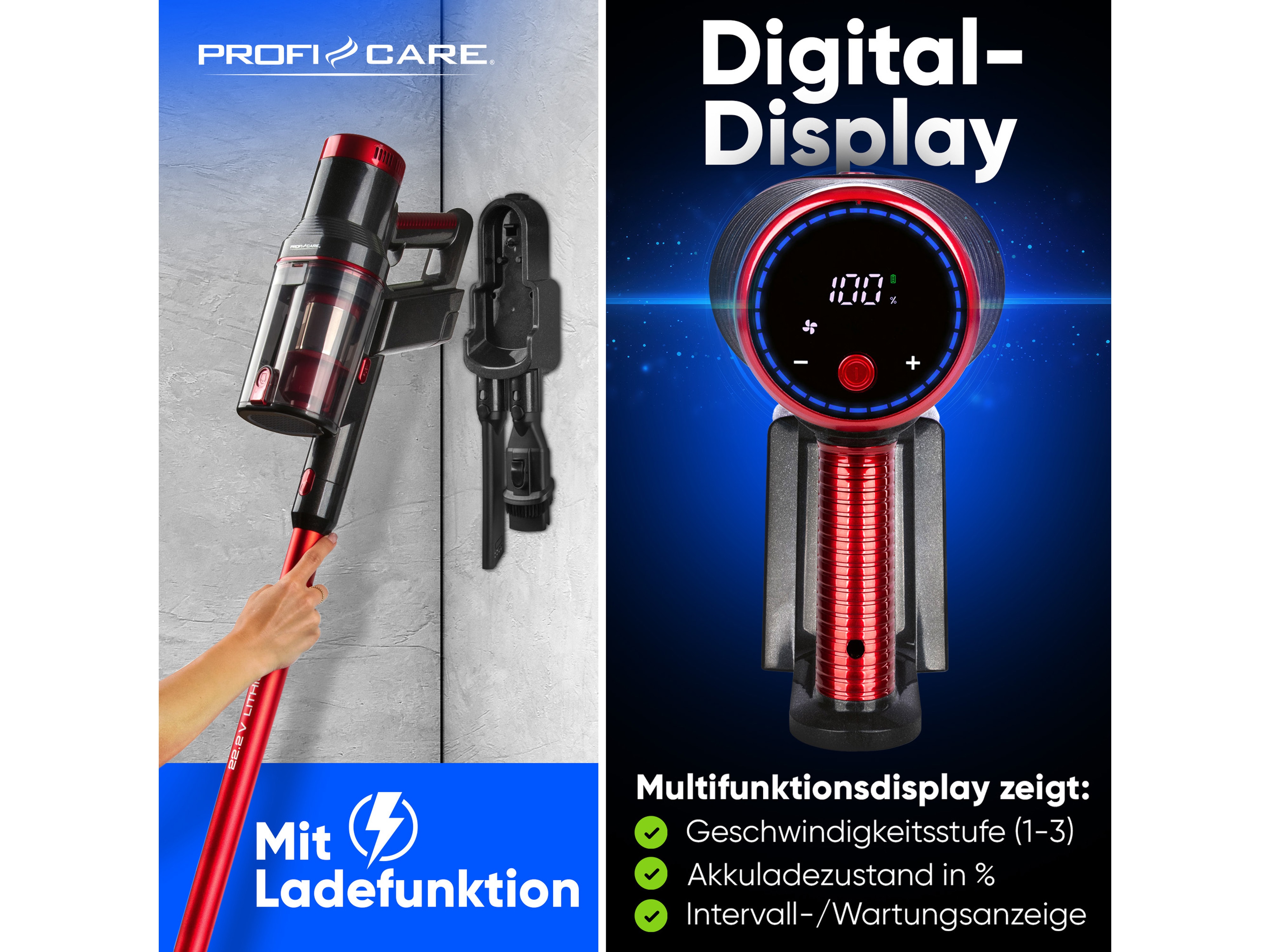 PROFI CARE Akku Staubsauger PC-BS 3136 A, anthrazit-rot, 2200 mAh, 22,2V