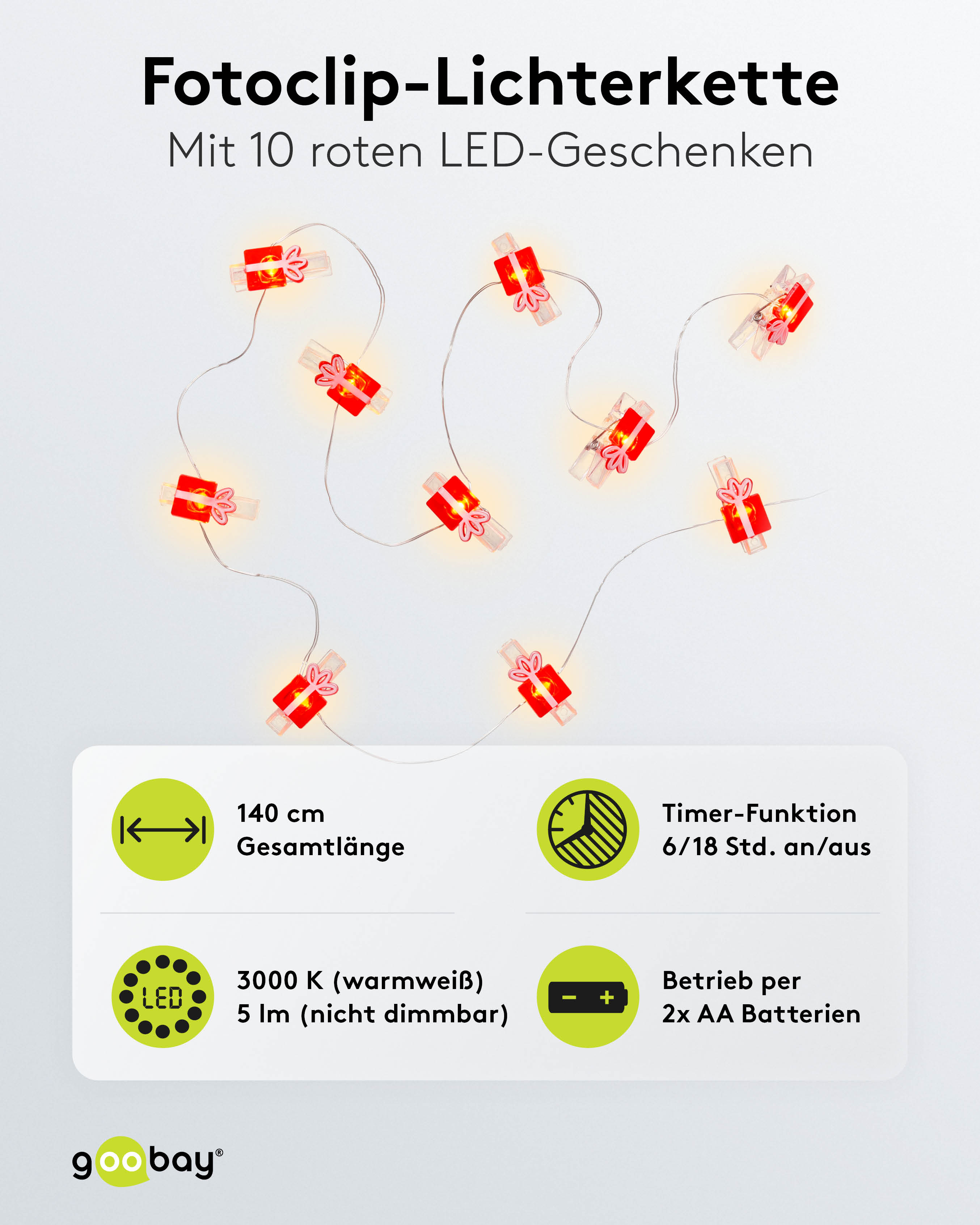 GOOBAY LED-Fotoclips-Lichterkette "Geschenk", Timerfunktion, 10 LEDs, 140 cm GOOBAY LED-Fotoclips-Lichterkette "Geschenk", Timerfunktion, 10 LEDs, 140 cm