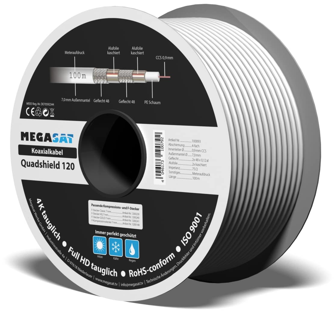 MEGASAT Koaxialkabel Quad Shield 120, 110 dB, 100 m